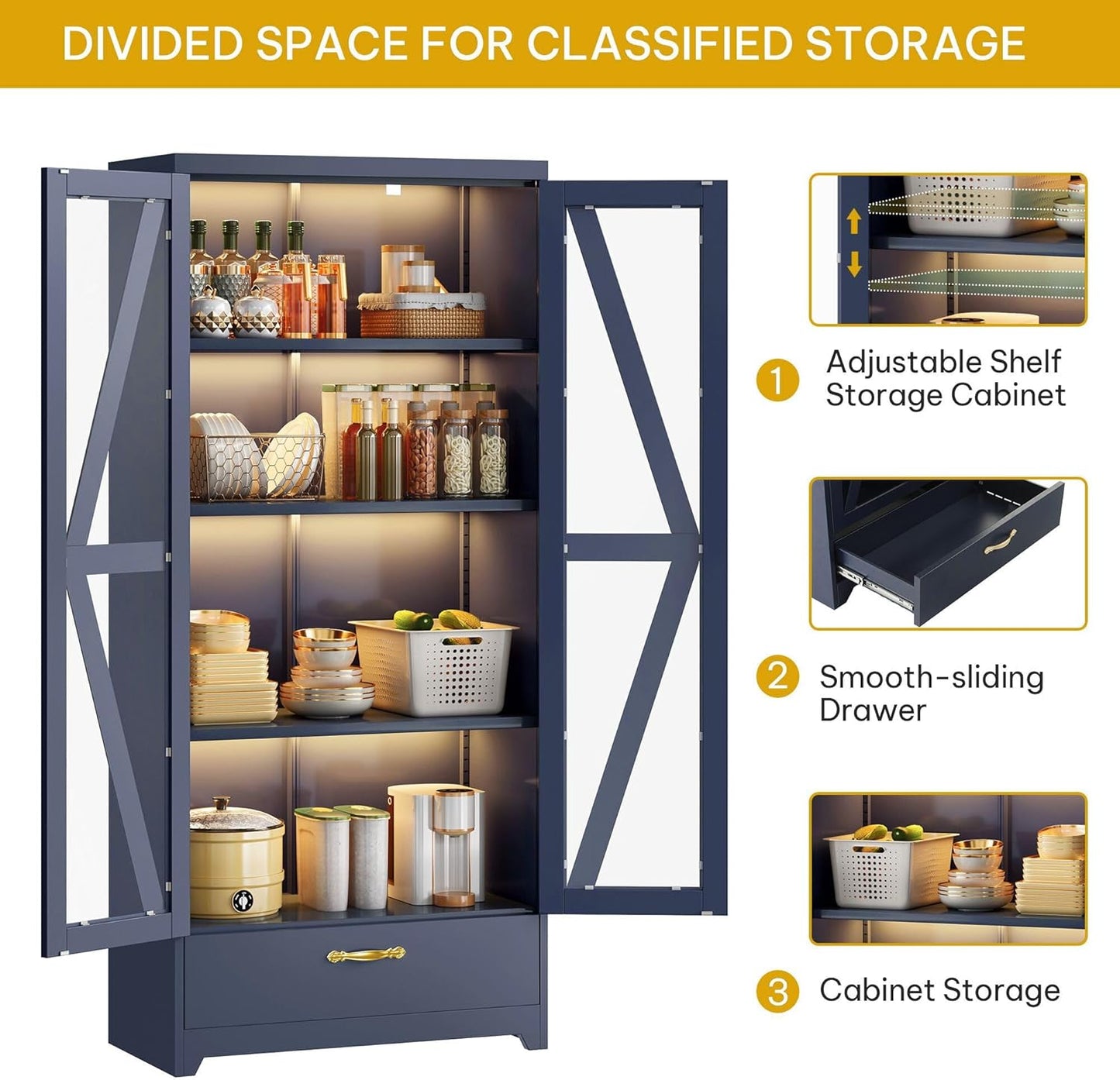 Display Cabinet with LED Lights, 61" Metal Display Case with Glass Barn Doors for Collectibles, Organizer Cabinet with 3 Adjustable Shelves and Drawer for Living Bedroom, Office, Navy Blue