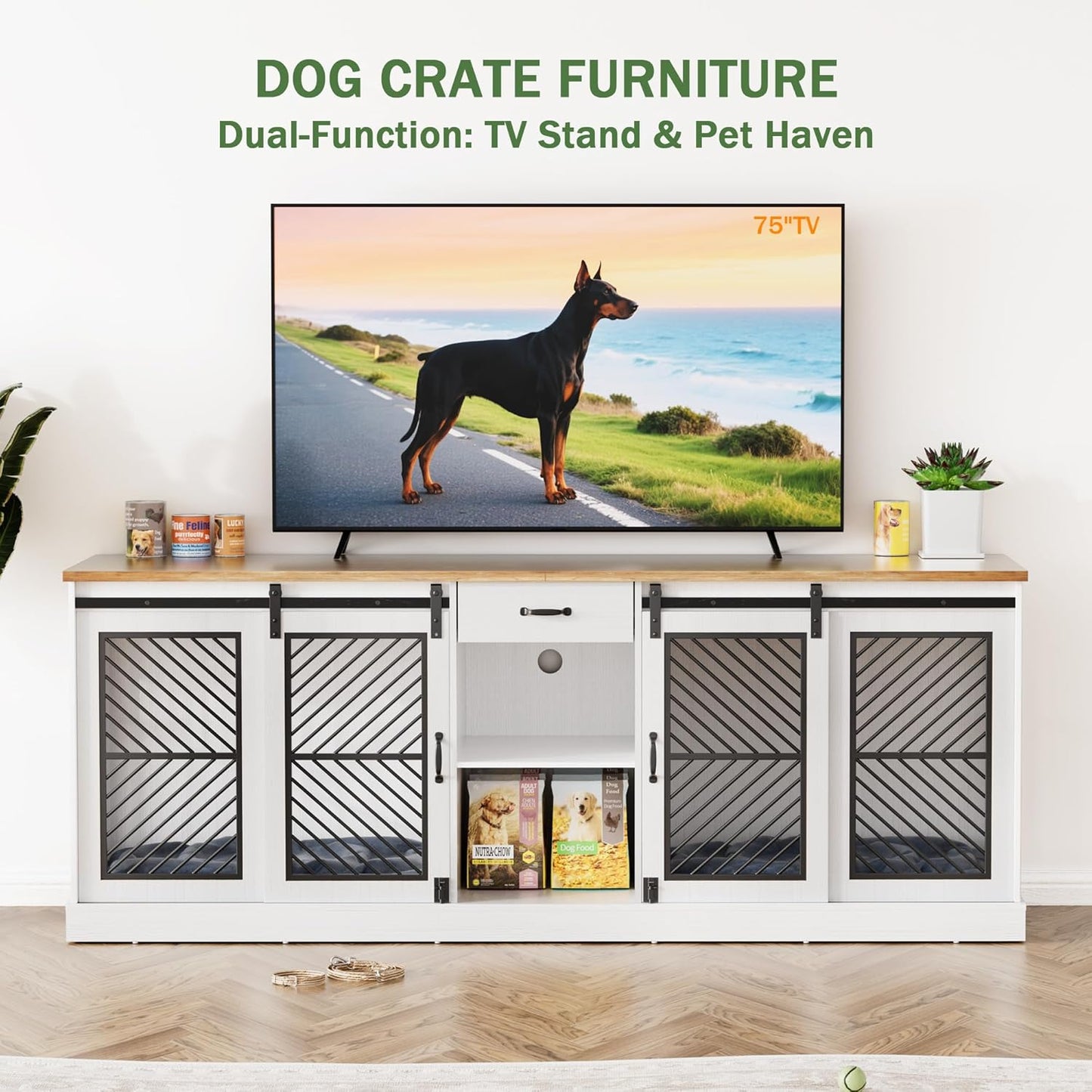 87" Dog Crate Furniture for 2 Dogs,Wooden Dog Kennel Indoor with Double Doors,Escape-Proof and Chew-Proof Heavy Duty Dog House TV Stand,White