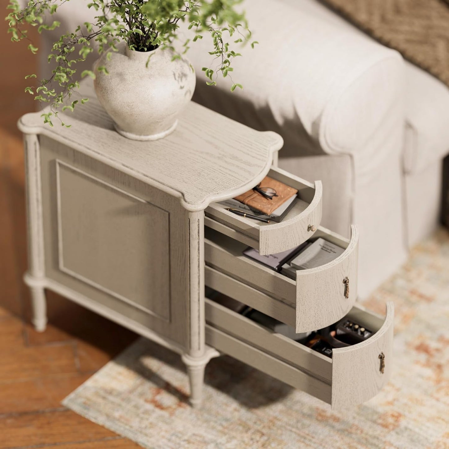 Nightstand W/Charging Station & 3 Drawers, Pre-Assembled, Vintage Side Table W/Antique-Finished Pulls, Rustic Wood Finish, Narrow End Table W/Turned Legs for Bedroom (1, Antique Grey)