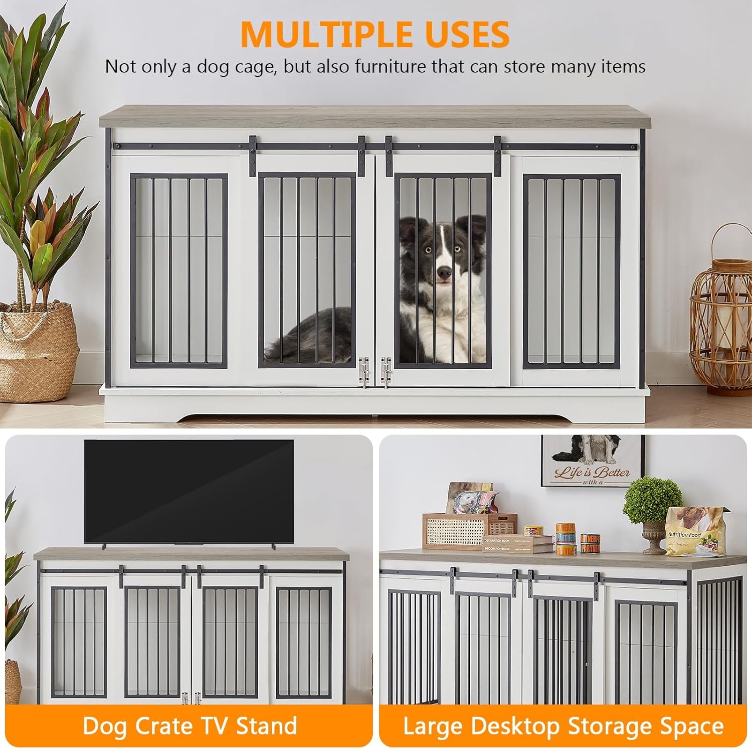 2-In-1 Double Dog Crate Furniture with Divider 60.6 Inch White Sturdy Heavy Duty Dog Crate TV Stand with 2 Sliding Doors and Thick Iron Door Frame for 2 Dogs