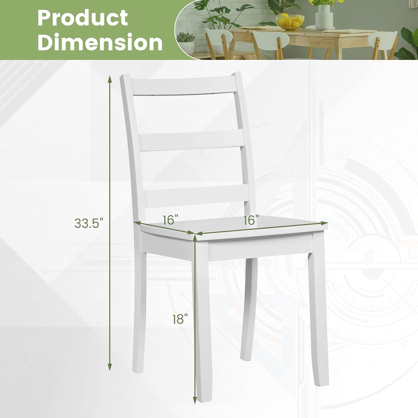 Wood Dining Chairs Set of 2 White - Wooden Armless Kitchen Chairs with Solid Rubber Wood Legs, Non-Slip Foot Pads, Max Load 400 Lbs, Farmhouse Style High Ladder Back Dining Room Chairs