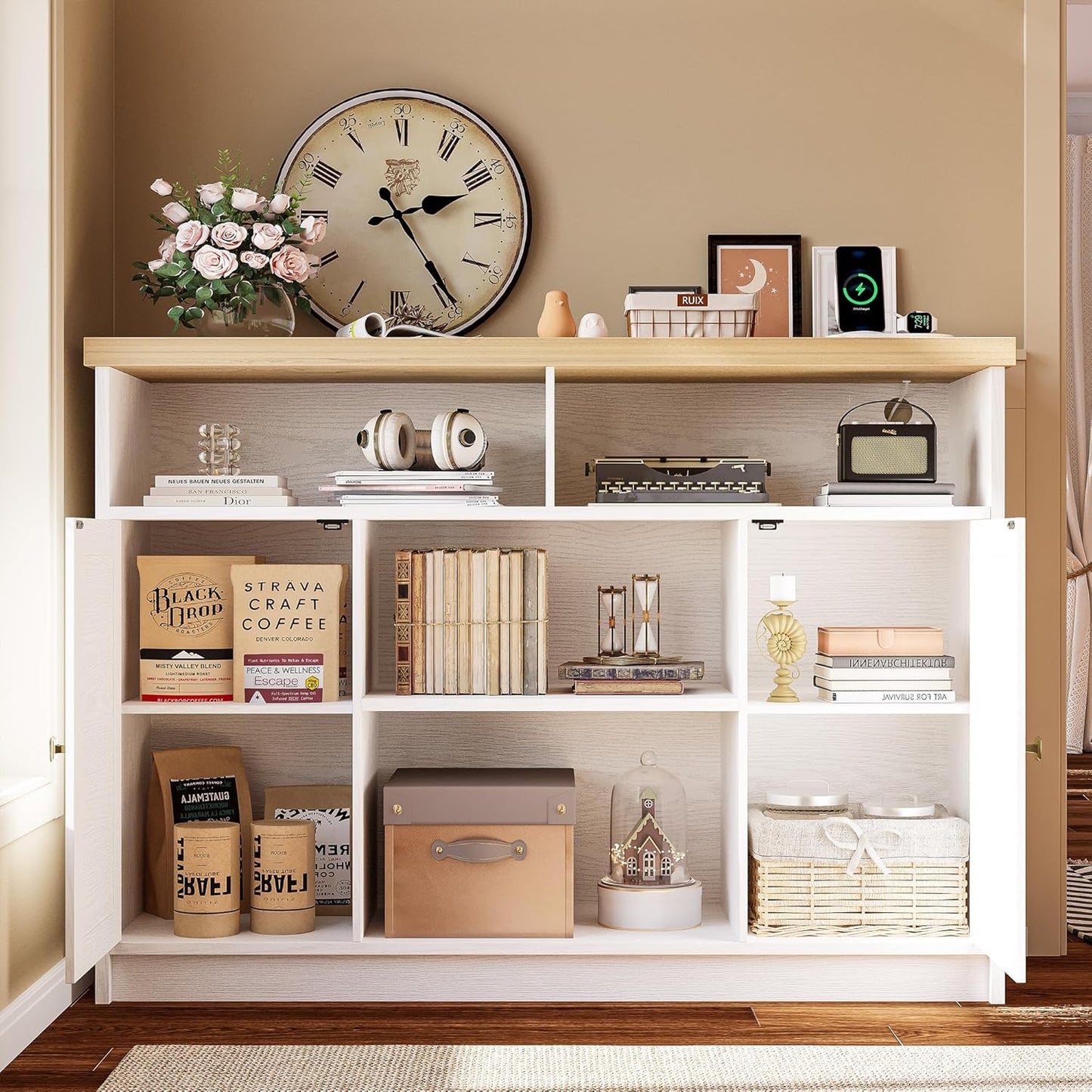 Buffet Cabinet with Power Strip, 47 “ Coffee Bar Cabinet with Barn Doors and Thickened Top Board, Modern Farmhouse Sideboard Storage Buffet for Dinning Room, Kitchen, Rustic White
