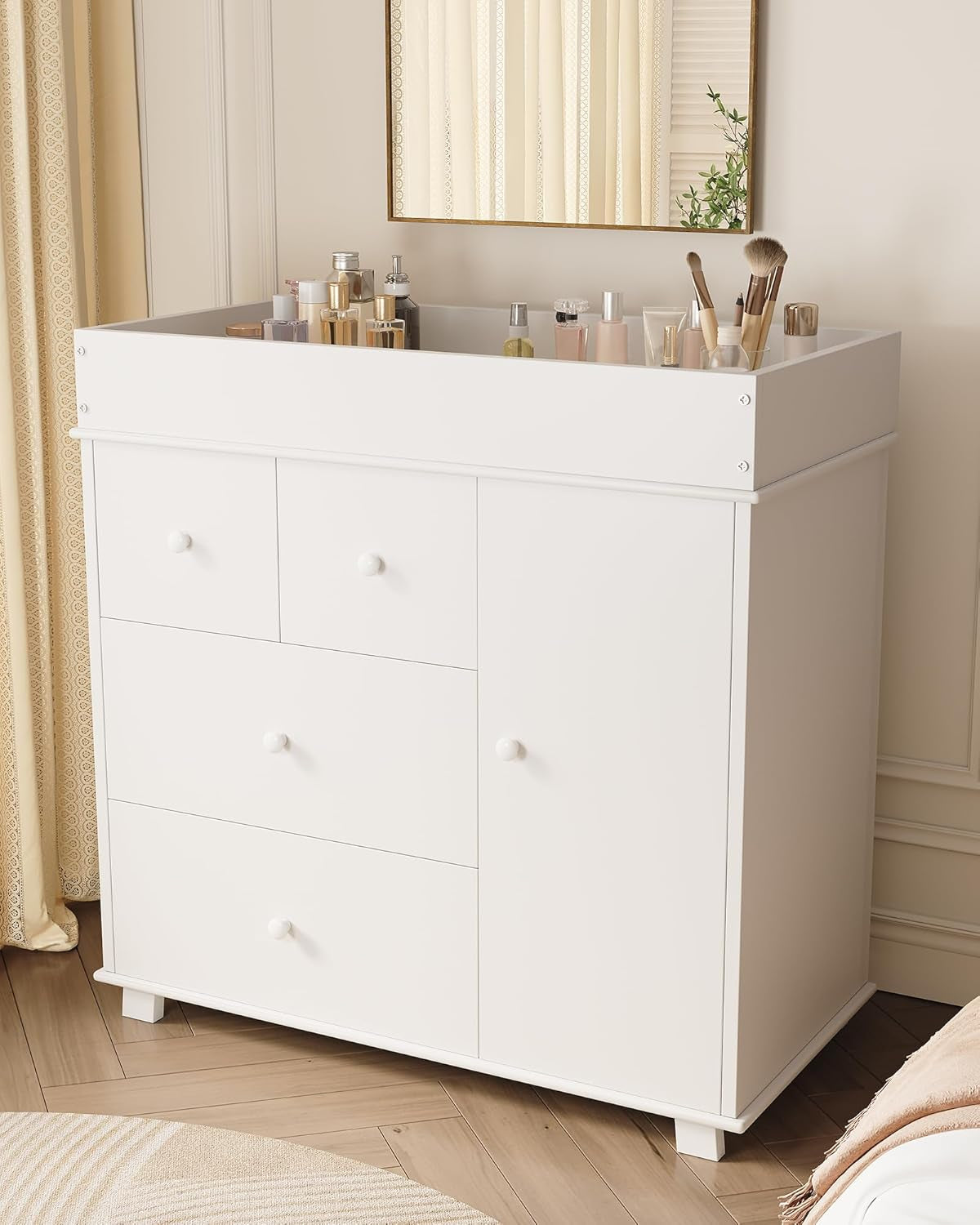 Baby Changing Table Dresser with 5 Drawers, Modern Nursery Dresser with an Open Storage Space, Diaper Changing Station for Bedroom, Kids Room, Baby Room, White