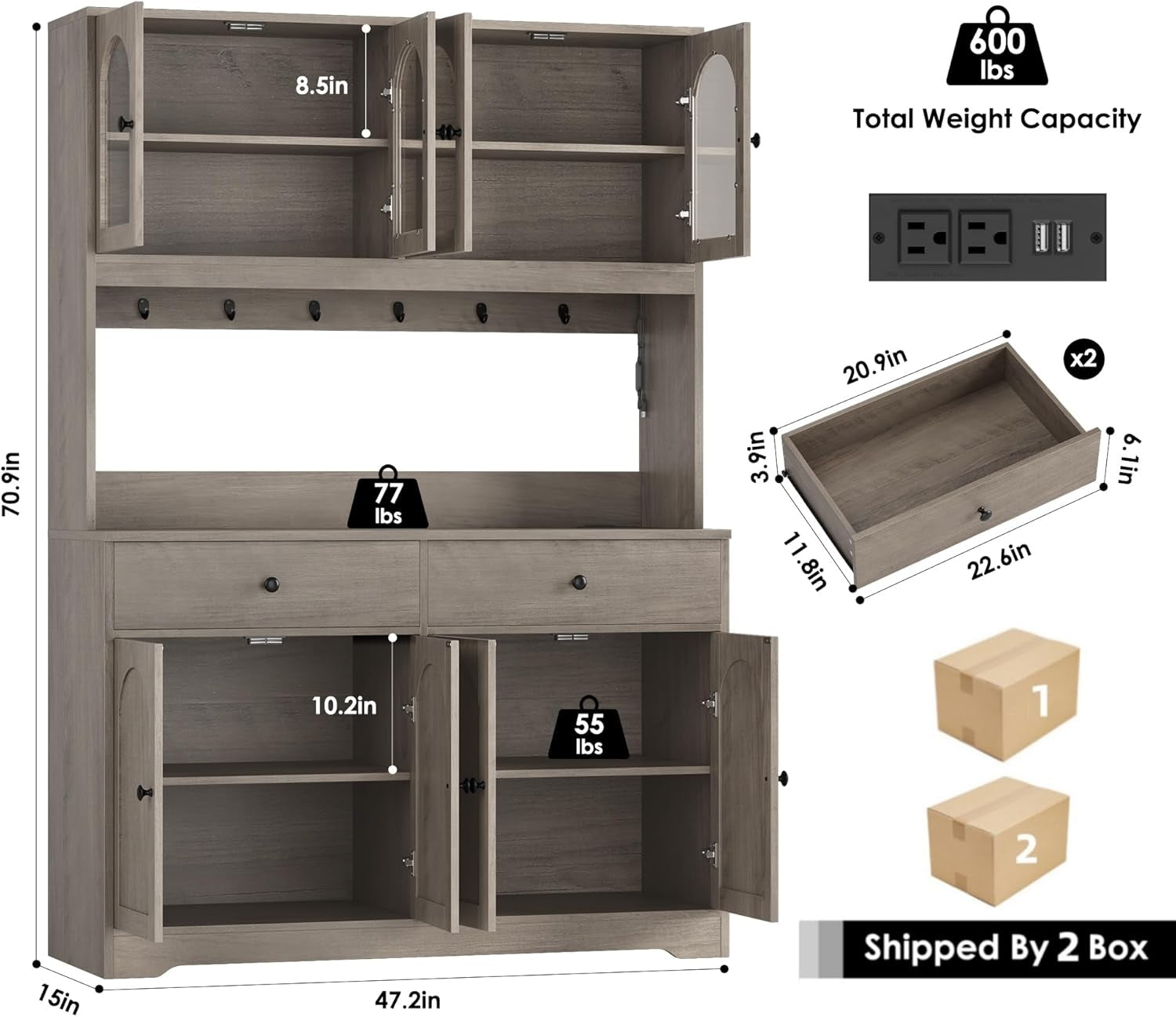 71" LED Kitchen Pantry Cabinet with Power Outlet, Large Kitchen Hutch Storage Cabinet with Arched Door, Shelves, 2 Drawer, Tall Farmhouse Coffee Bar W/Hutch for Home Dining Living Room, Ash Grey