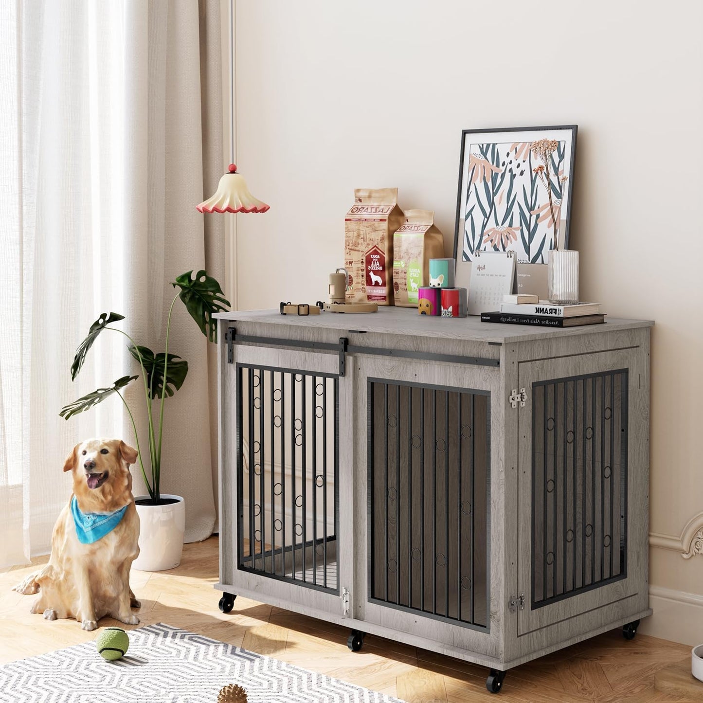 Large Dog Crate Furniture, 47" Wooden Dog Kennel with Sliding Barn Door, Flip-Top Lid & Wheels, Indoor Pet Crate Table with Detachable Divider for Small/Medium/Large Dogs (Rustic Grey)