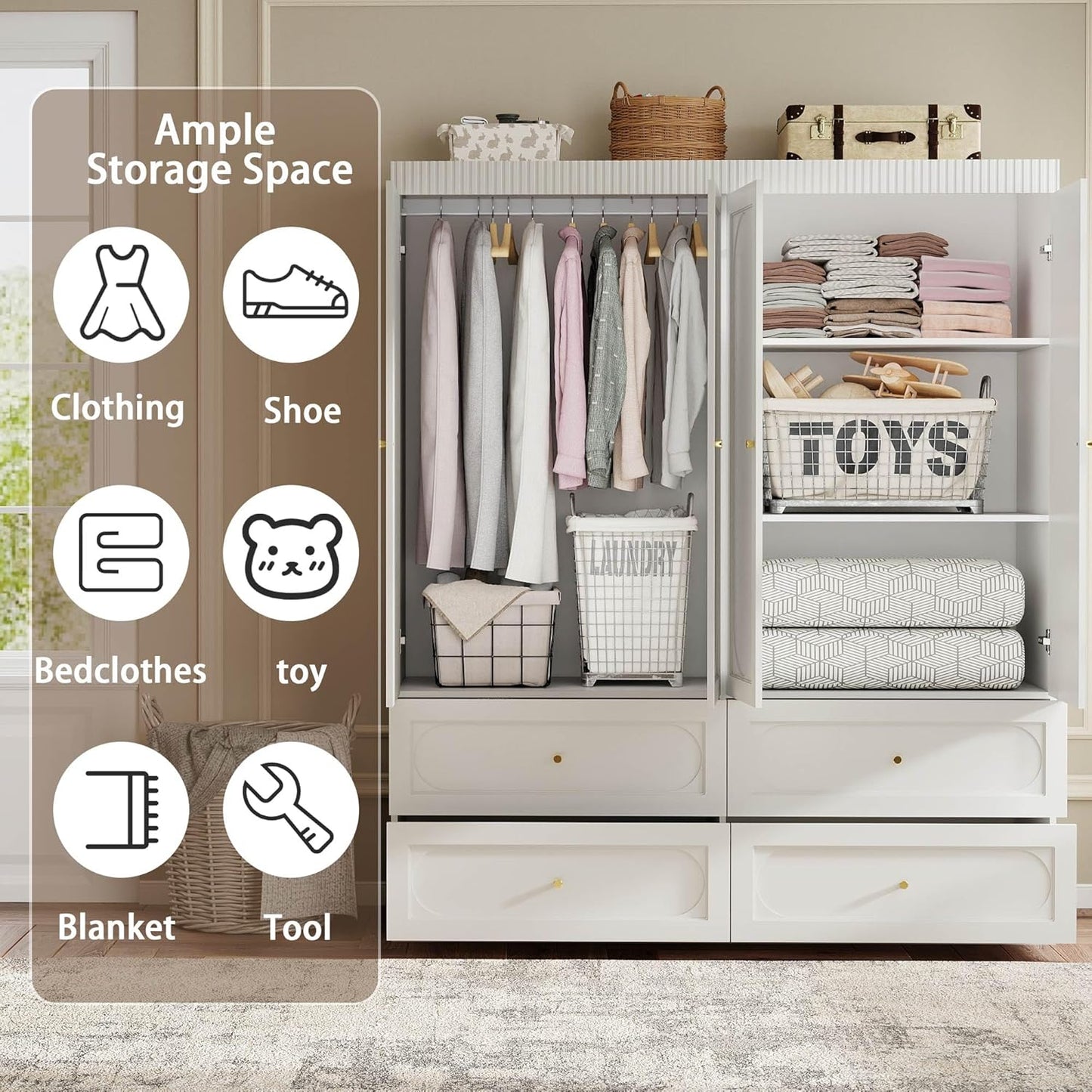 White Armoire Wardrobe Closet: 74" Large Wardrobe Closet with 4 Drawers, 4 Door Armoire Wardrobes for Hanging Clothes, Modern Wooden Closets for Bedroom (White)