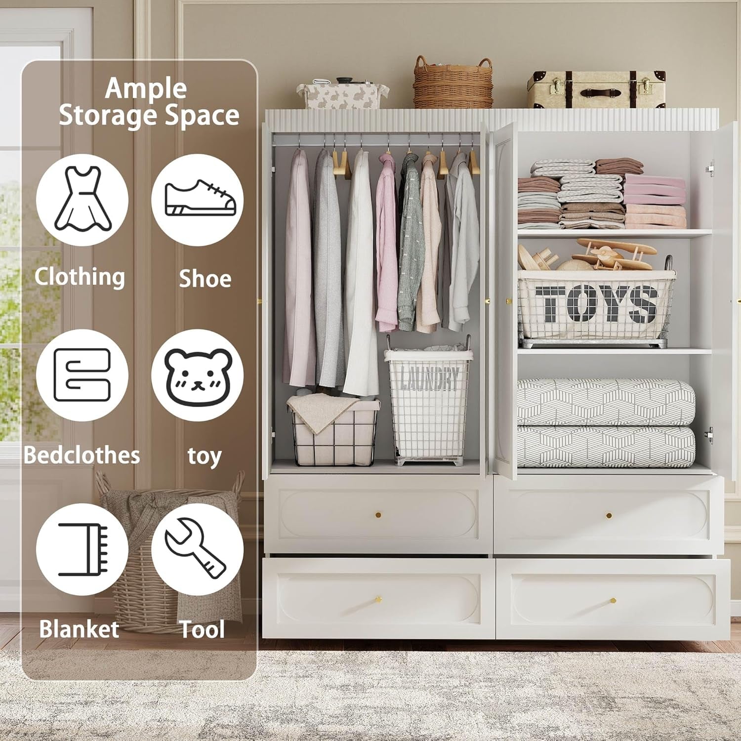 White Armoire Wardrobe Closet: 74" Large Wardrobe Closet with 4 Drawers, 4 Door Armoire Wardrobes for Hanging Clothes, Modern Wooden Closets for Bedroom (White)