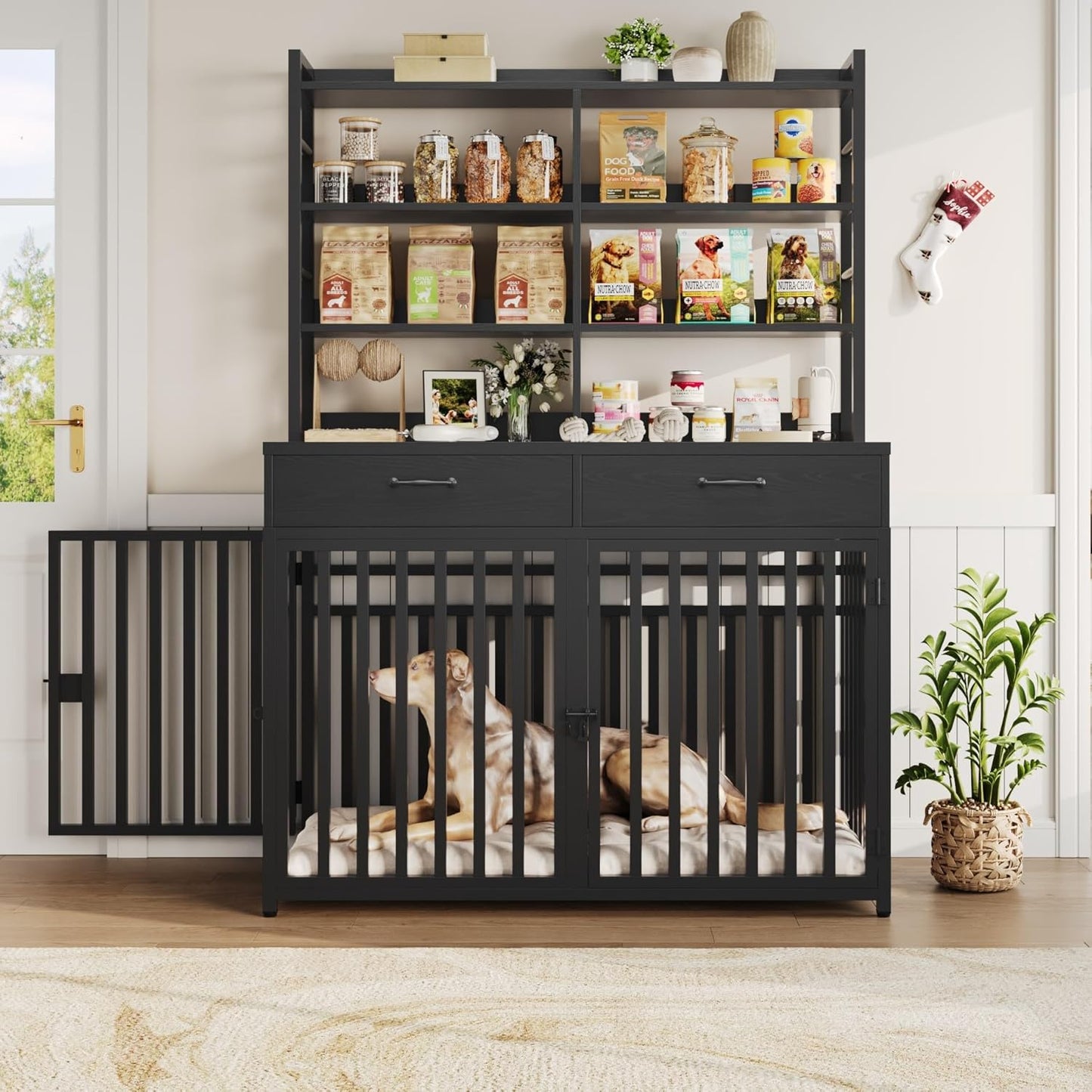 71''H X 47.2''W Large Dog Crate Furniture with 4-Tier Shelves and 2 Storage Drawers, Heavy Duty Dog Cage Furniture with 2 Doors, Wood & Metal Dog Kennel Indoor for Small/Medium/Large Dog, Black