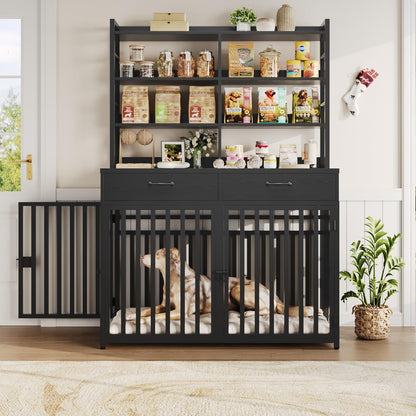 71''H X 47.2''W Large Dog Crate Furniture with 4-Tier Shelves and 2 Storage Drawers, Heavy Duty Dog Cage Furniture with 2 Doors, Wood & Metal Dog Kennel Indoor for Small/Medium/Large Dog, White