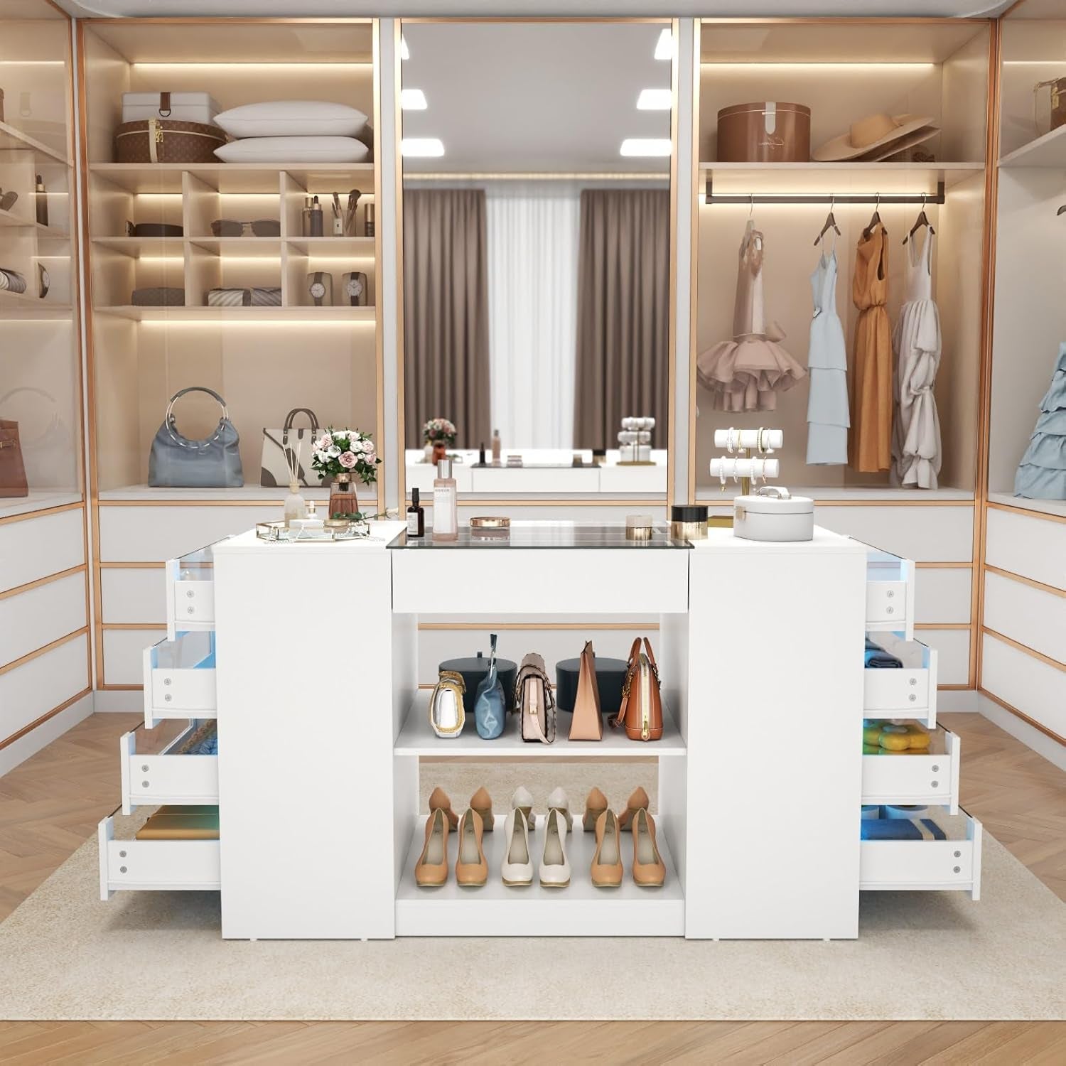 Closet Island with Drawers, Armoire Wardrobe Closet with LED Lights White Dresser Walk-In Closets with Glass Top for Bedroom & Cloakroom