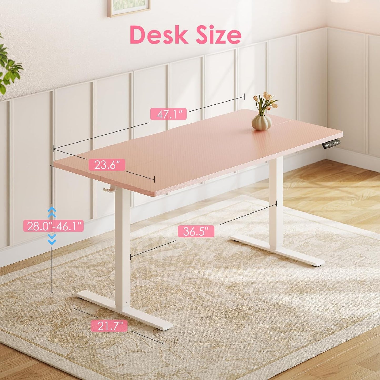 Electric Height Adjustable Standing Desk, 48 Inch Pink Computer Desk for Women Girls, Sit Stand Table for Home, Office, Bedroom