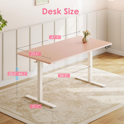 Electric Height Adjustable Standing Desk, 48 Inch Pink Computer Desk for Women Girls, Sit Stand Table for Home, Office, Bedroom