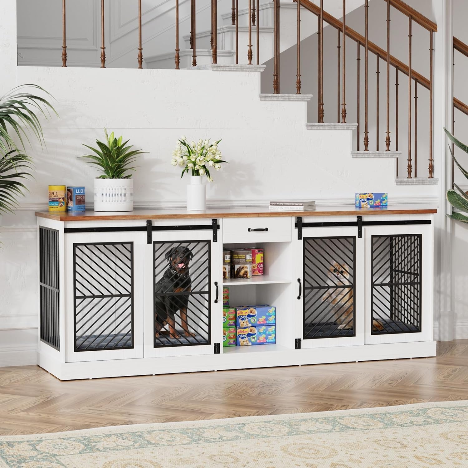 86" Dog Crate Furniture for 2 Dogs,Heavy Duty Indoor Dog Kennel End Table,Wooden Double Dog Cage Furniture Large Breed,Tv Stand with Divider & Storage Drawer