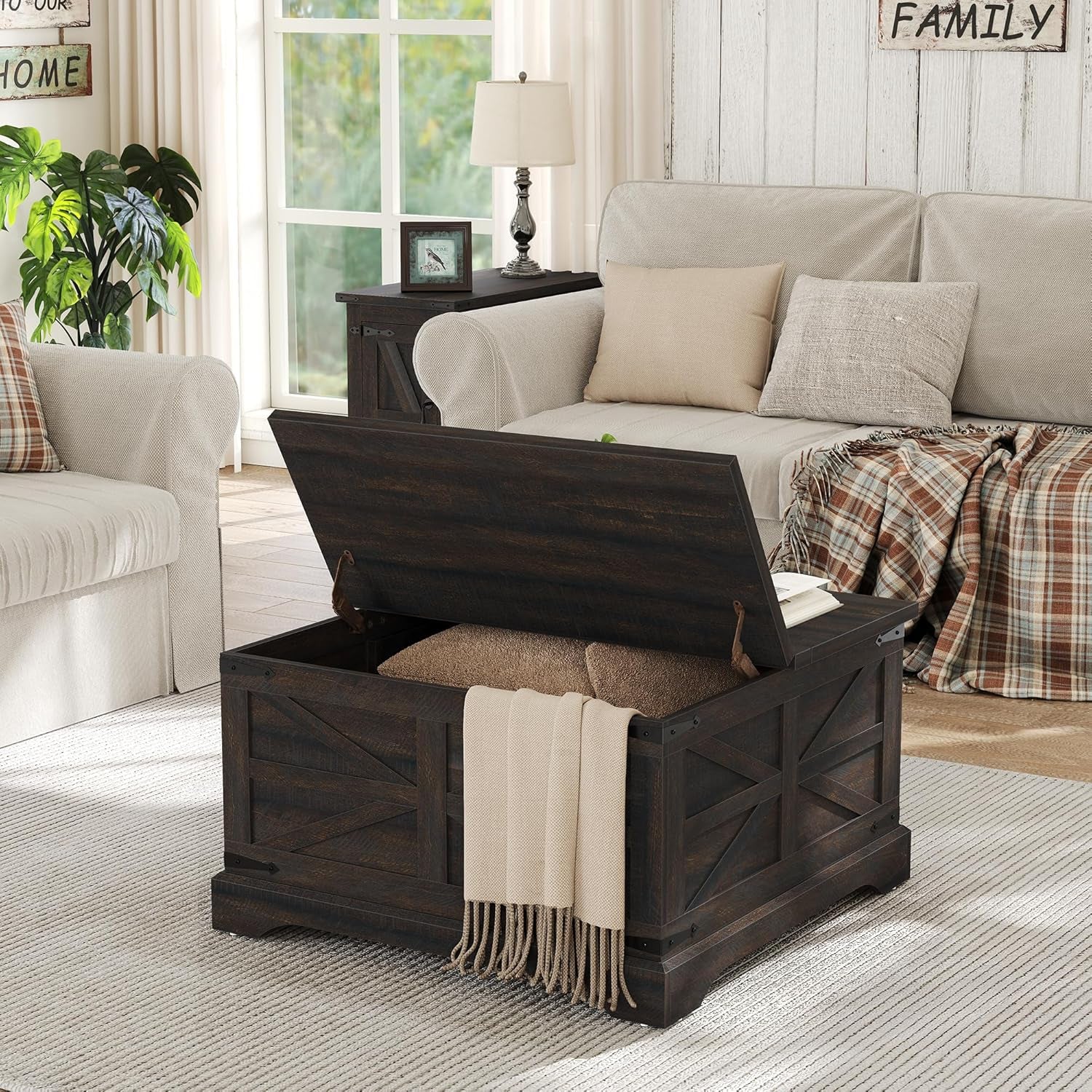 Square Coffee Table with Storage Farmhouse Coffee Table with Lifting Top Modern Wood Center Table for Living Room Home Office, Dark Brown