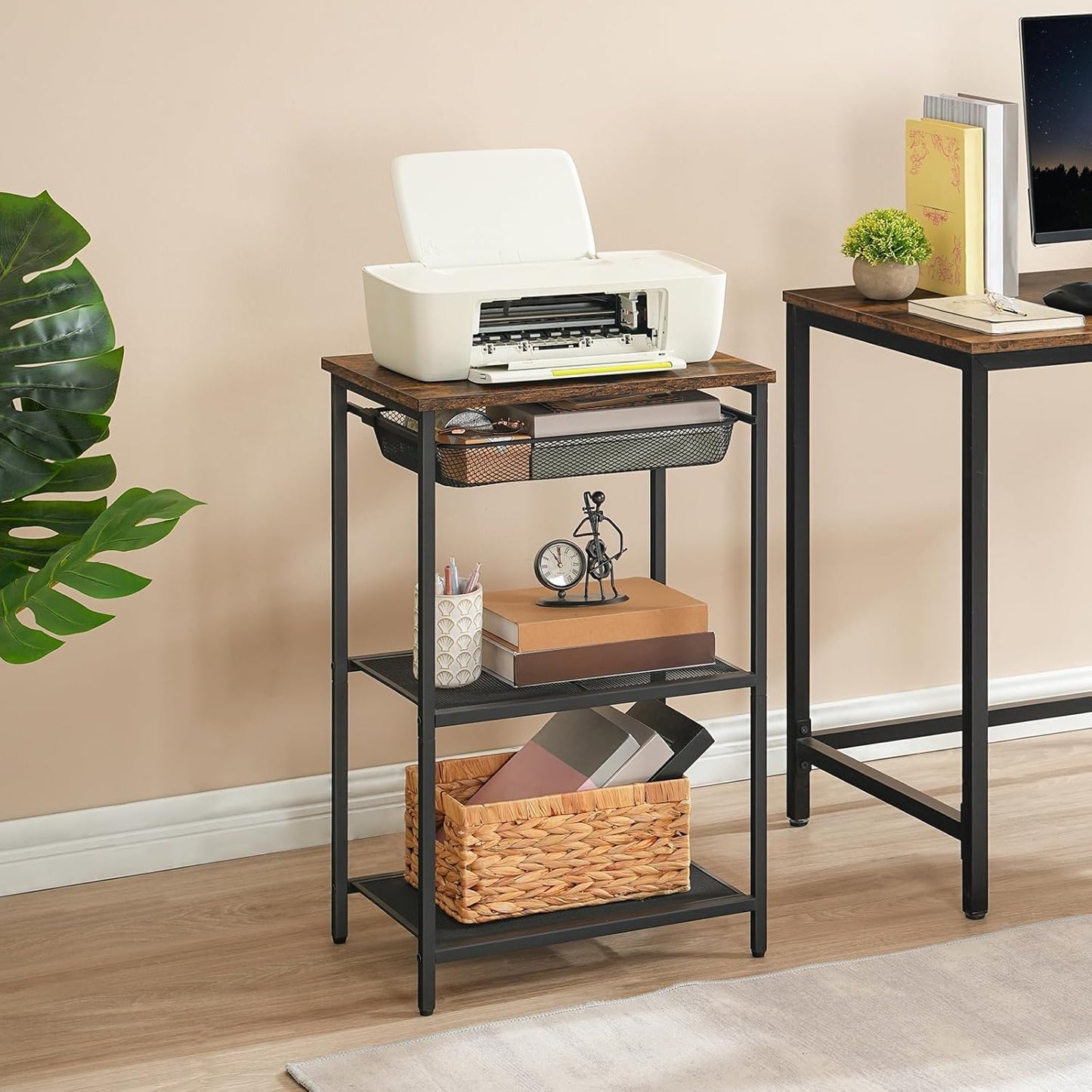 Small Side Table, Industrial Tall End Table with Adjustable Metal Mesh Basket, Telephone Table with Storage Shelf for Living Room, Bedroom, Hallway, Easy Assembly, Rustic Brown BF02DH01