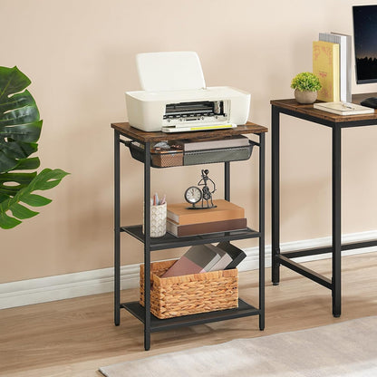 Small Side Table, Industrial Tall End Table with Adjustable Metal Mesh Basket, Telephone Table with Storage Shelf for Living Room, Bedroom, Hallway, Easy Assembly, Rustic Brown BF02DH01