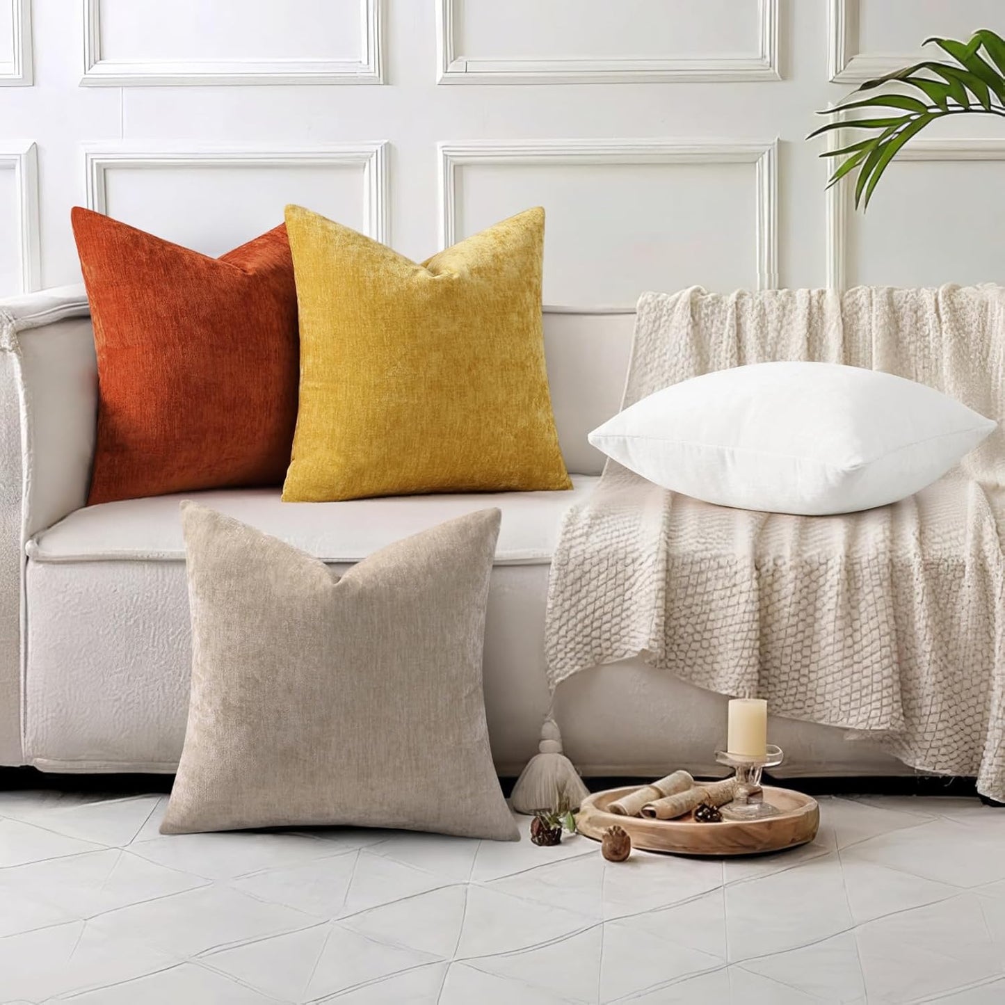 Chenille Rust Fall Throw Pillow Covers 20X20 Inch Set of 2, Decorative Soft Couch Pillow Covers Solid Dyed Accent Farmhouse Neutral Square Pillow Cases for Sofa Bed Living Room