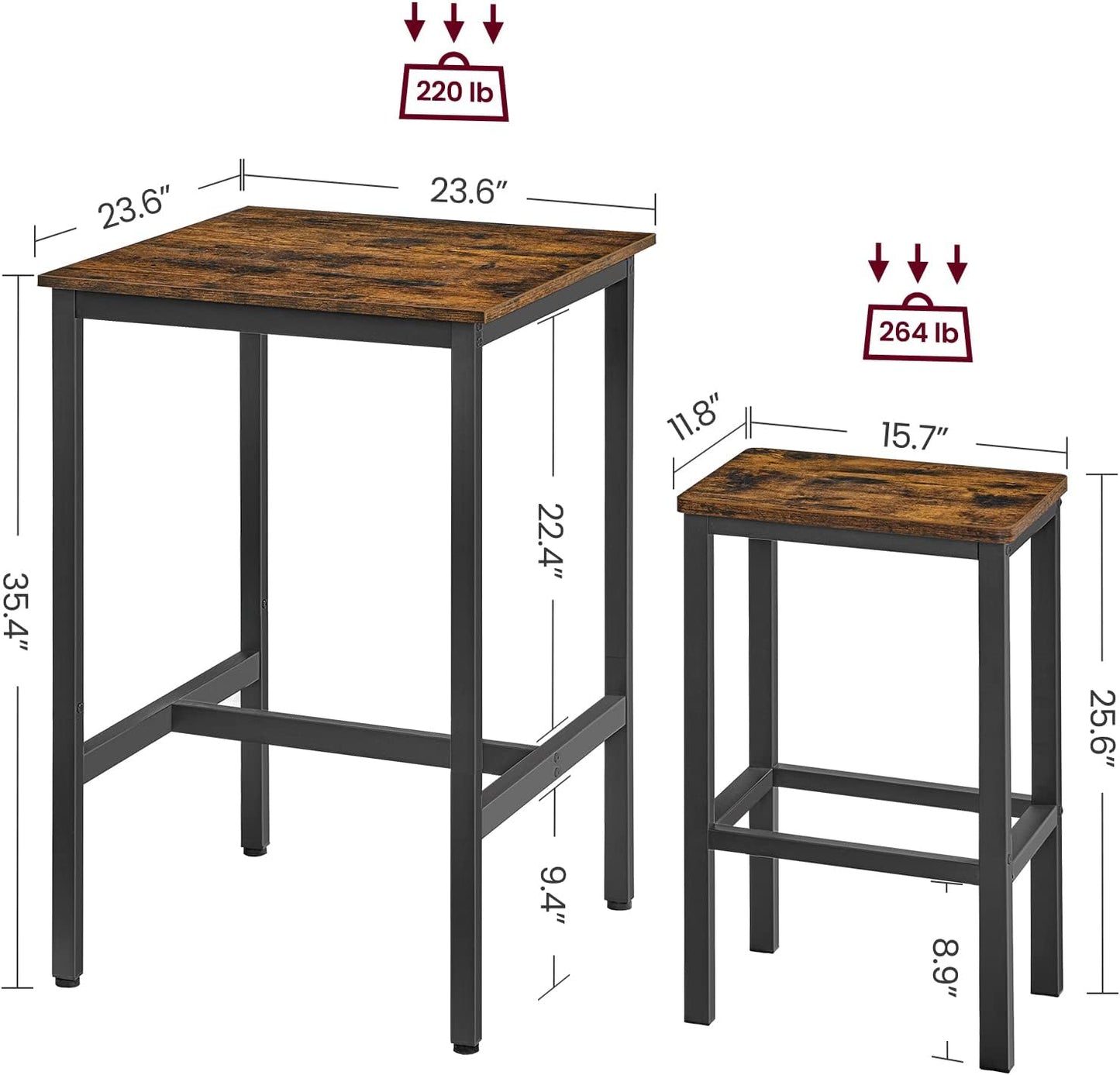 Bar Table and Chairs Set, Square Table with 2 Stools, Dining Pub Set for 2, Space Saving for Kitchen Breakfast, Living Room, Party Room, Rustic Brown and Ink Black
