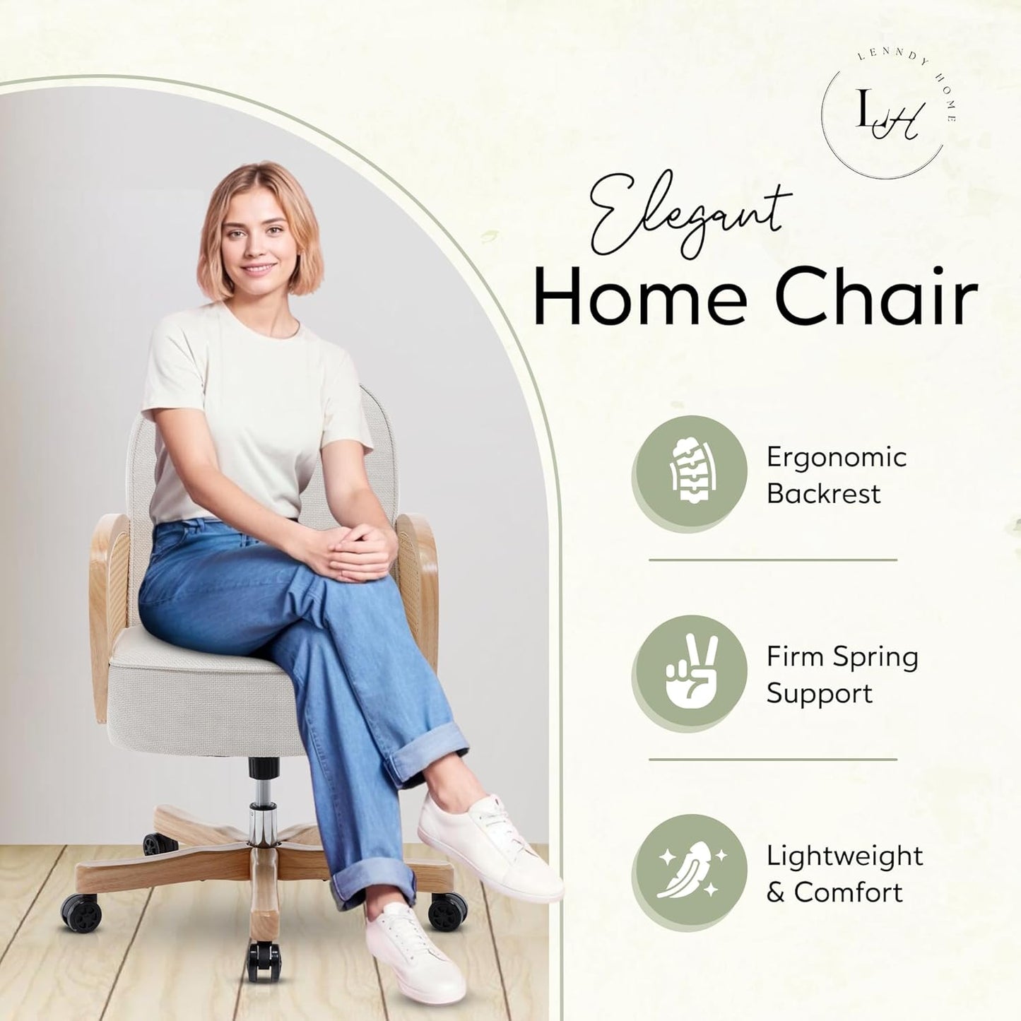 Rattan Desk Chair, Upholstered Home Office Chair with Rattan Armrest, Waterproof Cushion, Adjustable Swivel Rolling Height Computer Task Chair for Living Room Bed & Study Room, Ivory