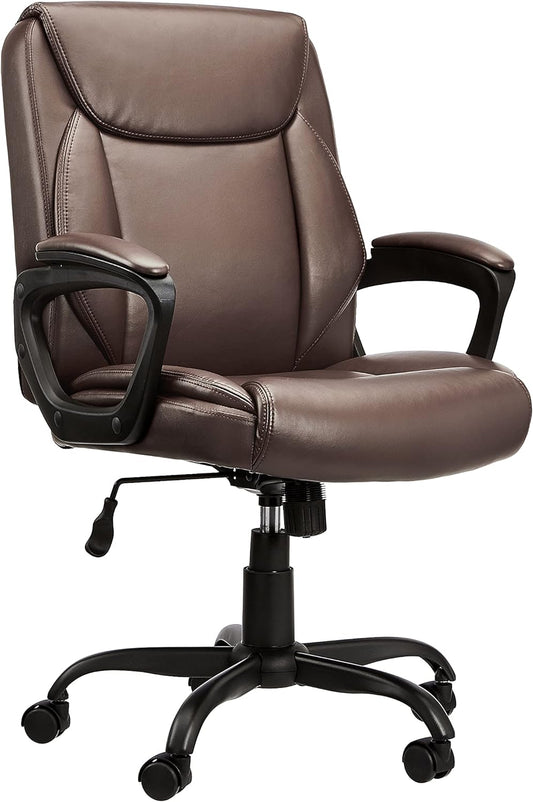 Classic Puresoft PU Padded Mid-Back Height Adjustable Office Computer Desk Chair with Armrest, 25.75"D X 24.25"W X 42.25"H, Brown