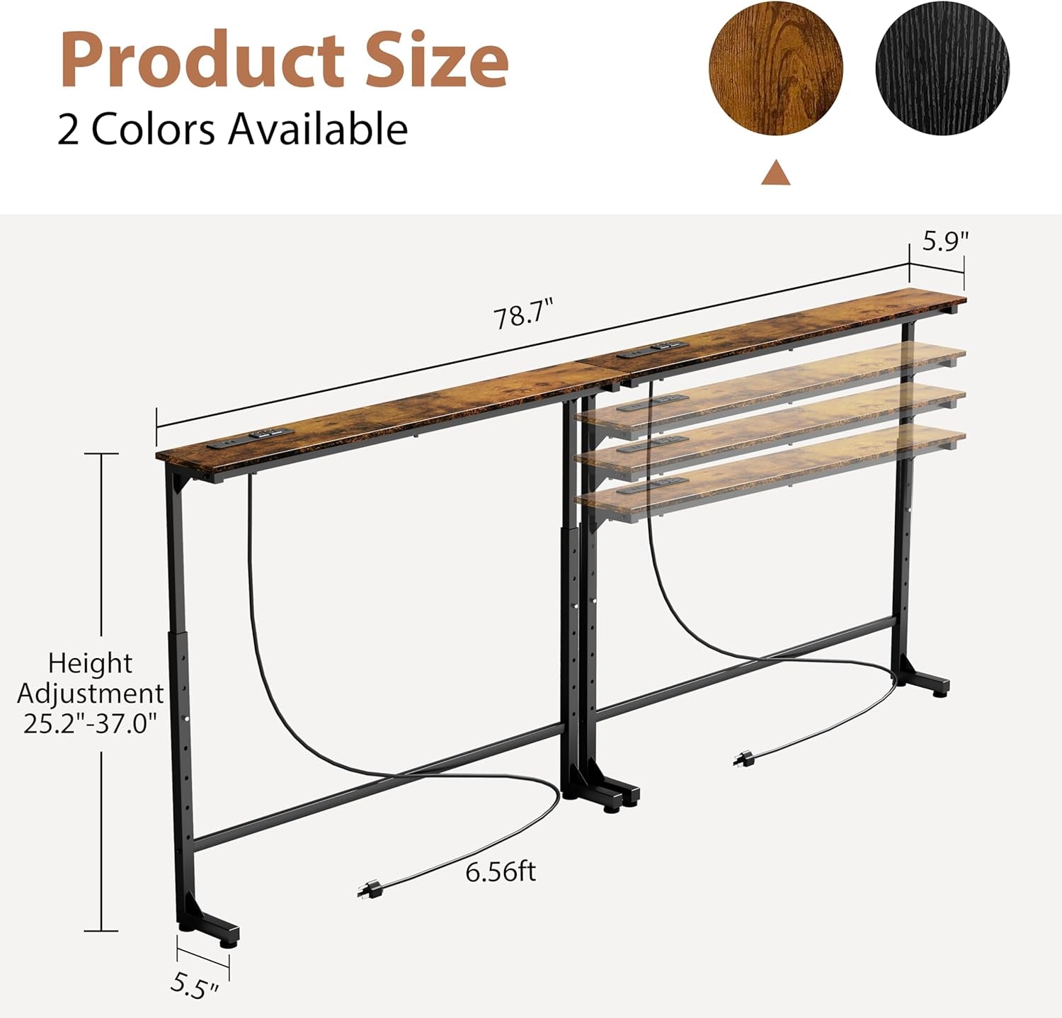 2 Pack Adjustable Height Narrow Console Table with Power Outlets, 78.7" Long Sofa Table with Charging Station behind Couch Table Entryway Table for Living Room and Hallway – Rustic Brown