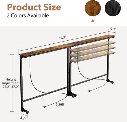 2 Pack Adjustable Height Narrow Console Table with Power Outlets, 78.7" Long Sofa Table with Charging Station behind Couch Table Entryway Table for Living Room and Hallway – Rustic Brown