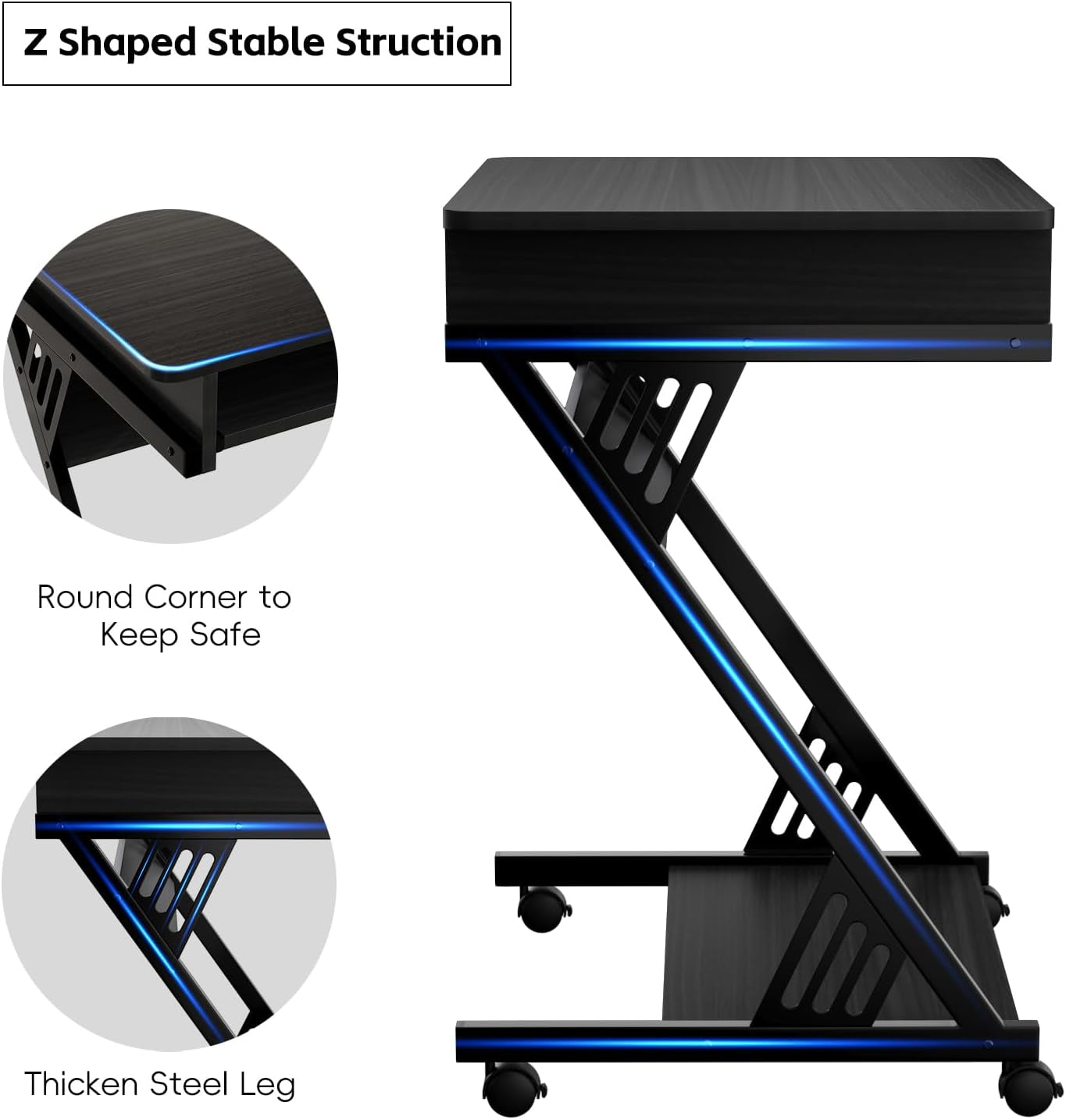 Computer Desk for Small Spaces,23.6" Z-Shaped Compact Study Table with Smooth Keyboard Tray,With Wheels and Bottom Shelves for Home Office，Computer Cart Mobile Laptop Cart