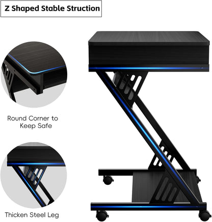 Computer Desk for Small Spaces,23.6" Z-Shaped Compact Study Table with Smooth Keyboard Tray,With Wheels and Bottom Shelves for Home Office，Computer Cart Mobile Laptop Cart