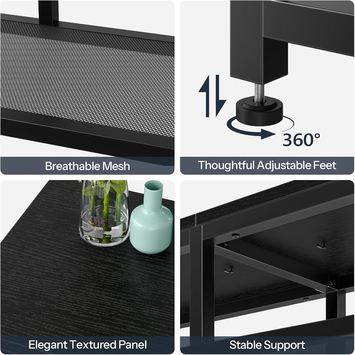 LED TV Stand with Charging Station, 4-Tier Entertainment Gaming Center, Modern Media Console Table, Open Shelves, 55.1"L X 13.8"W X 26.2"H, for Tvs up to 65", for Living Room, Black BB47UDDS01