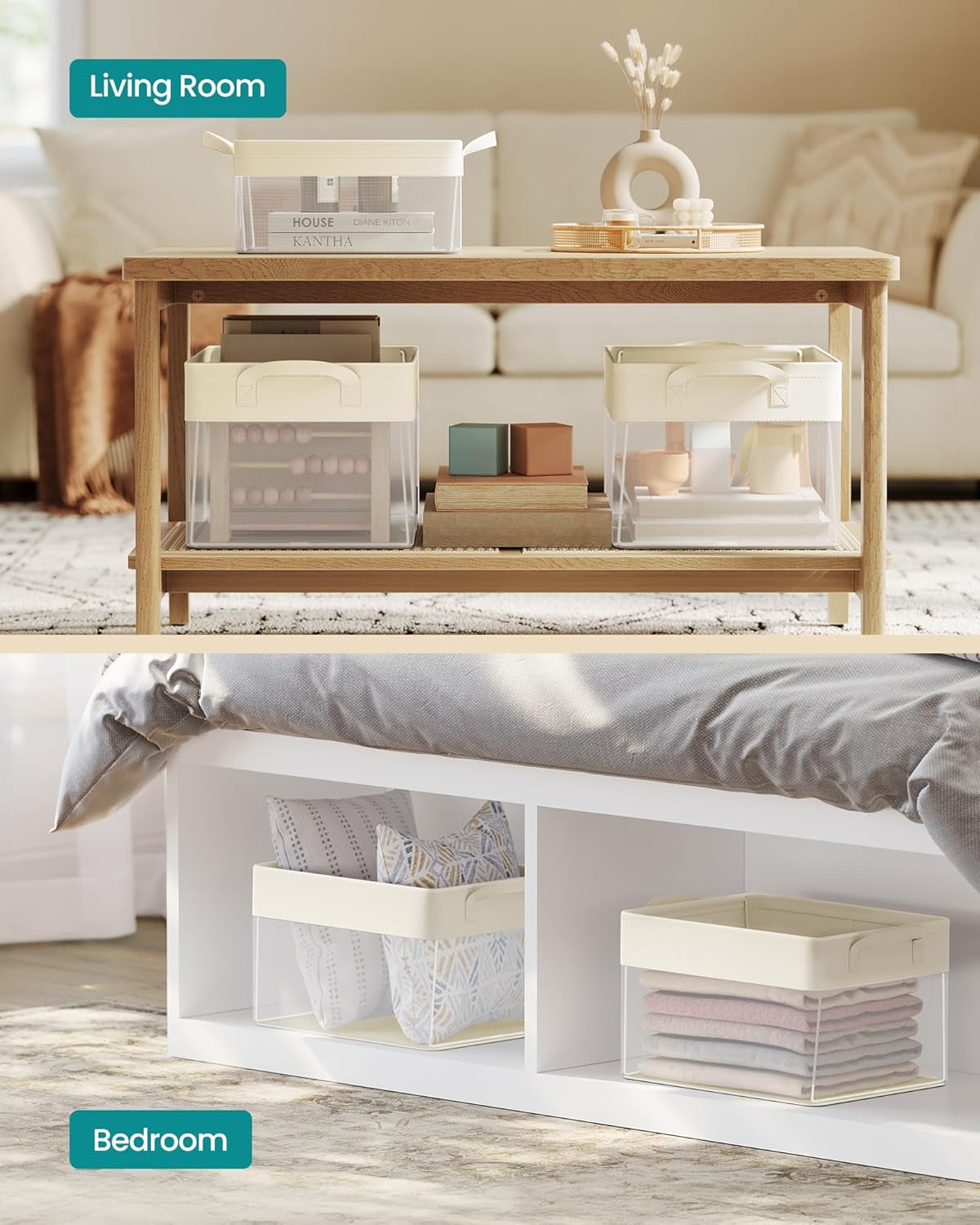 Closetorganizers Set of 3, Medium Fabric Storage Baskets, Foldable Organizer with Transparent Nylon Mesh, 15.7 X 11.8 X 9.8 Inches, Handles, for Bedroom, Living Room, Cream White URFB940W01