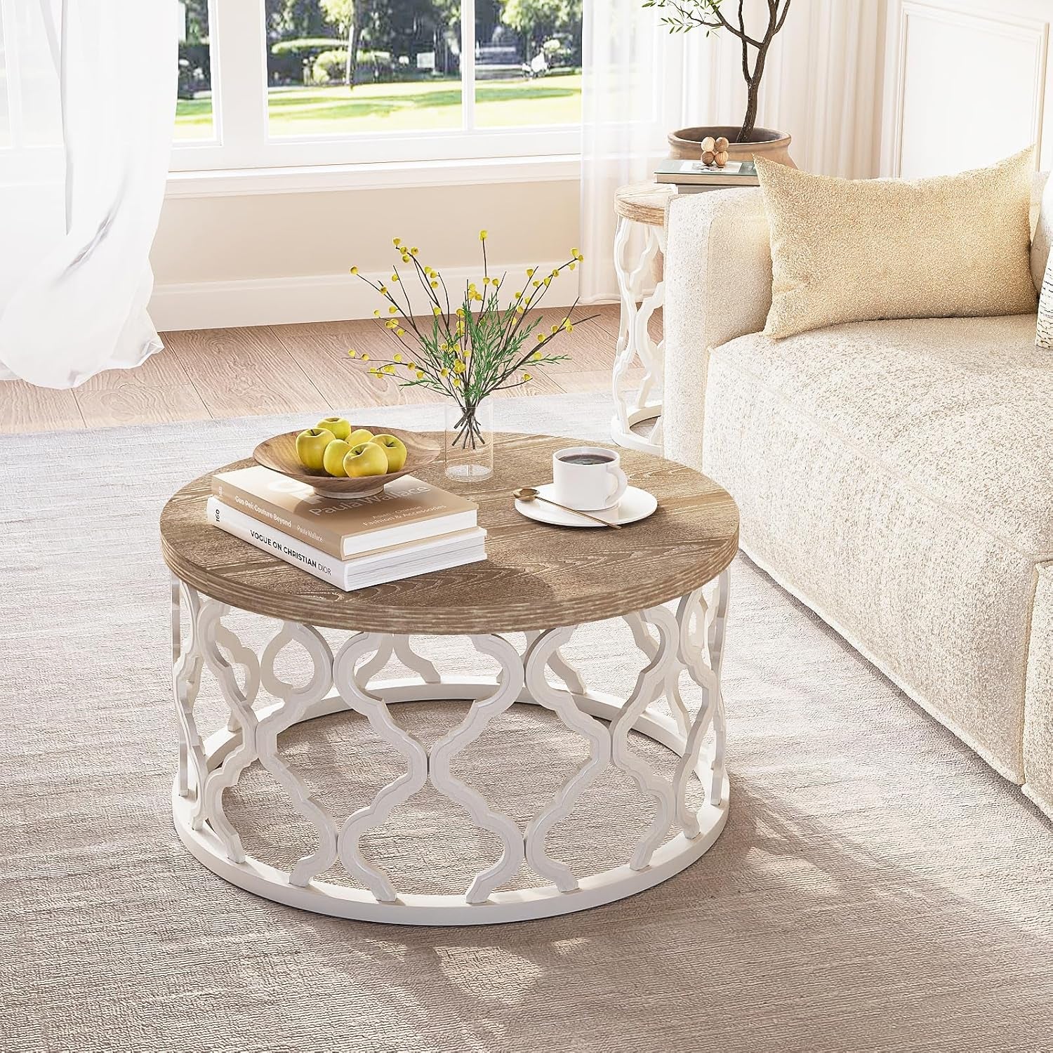 Farmhouse Coffee Table, French Country round Coffee Table, Coastal Coffee Table with Distressed Top, Boho Coffee Table with Curved Motif Frame Base for Living Room, Dining Room, Bedroom