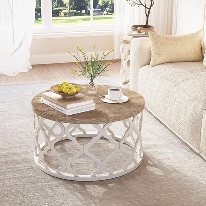 Farmhouse Coffee Table, French Country round Coffee Table, Coastal Coffee Table with Distressed Top, Boho Coffee Table with Curved Motif Frame Base for Living Room, Dining Room, Bedroom