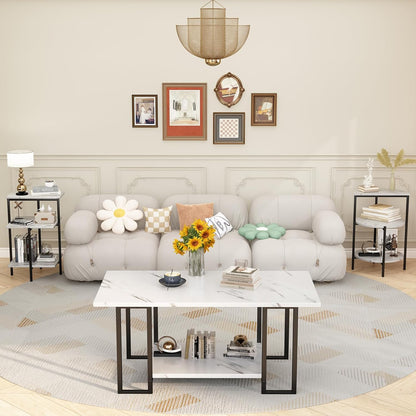 Faux Marble Table Set,Coffee Table & 2 Side Table, Faux Marble Tabletop and Metal Frame, 3 Piece Table Sets, for Living Room Apartment,White & Black