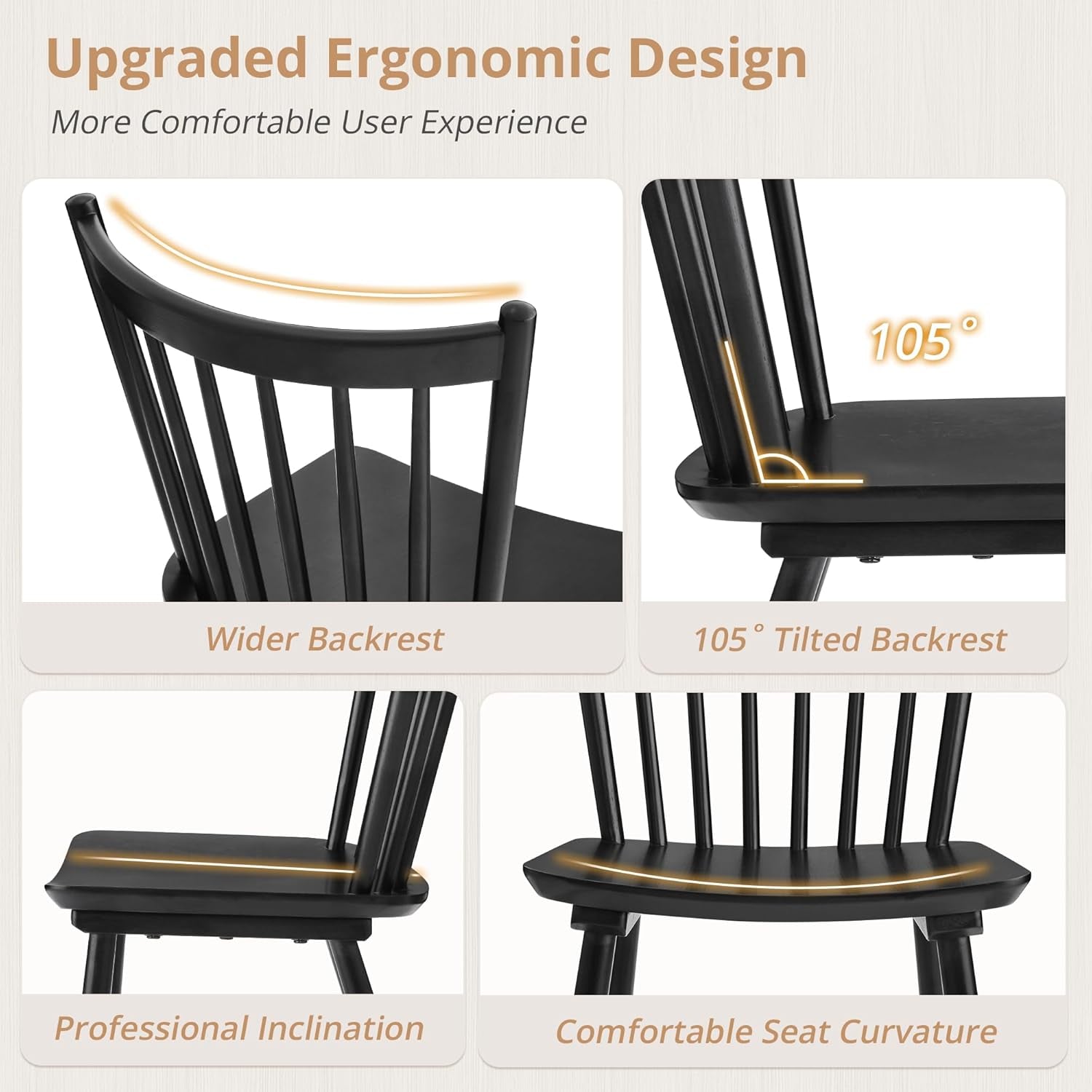 Upgraded Dining Chairs Set of 4, Farmhouse Wooden Spindle Back Kitchen Chairs, Windsor Dining Chairs for Kitchen and Dining Room, Black