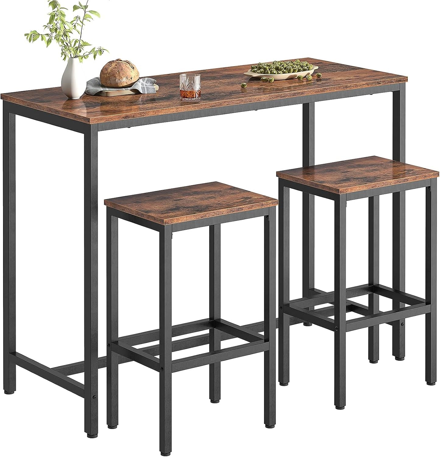 Bar Table and Chairs Set, 47.2” Rectangular Pub Table with 2 Stools for Small Space, High Top Table, 3-Piece Breakfast Stools Set, Sturdy Metal Frame, Easy to Assemble, Rustic Brown BF52BT01