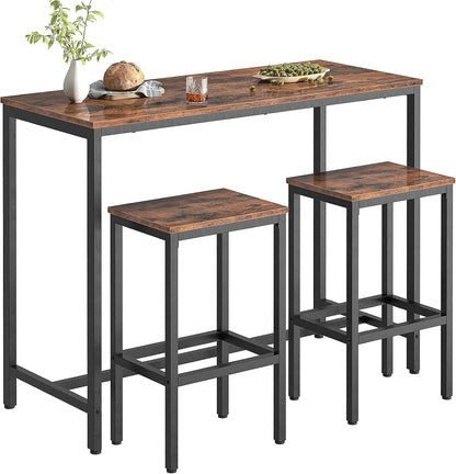 Bar Table and Chairs Set, 47.2” Rectangular Pub Table with 2 Stools for Small Space, High Top Table, 3-Piece Breakfast Stools Set, Sturdy Metal Frame, Easy to Assemble, Rustic Brown BF52BT01
