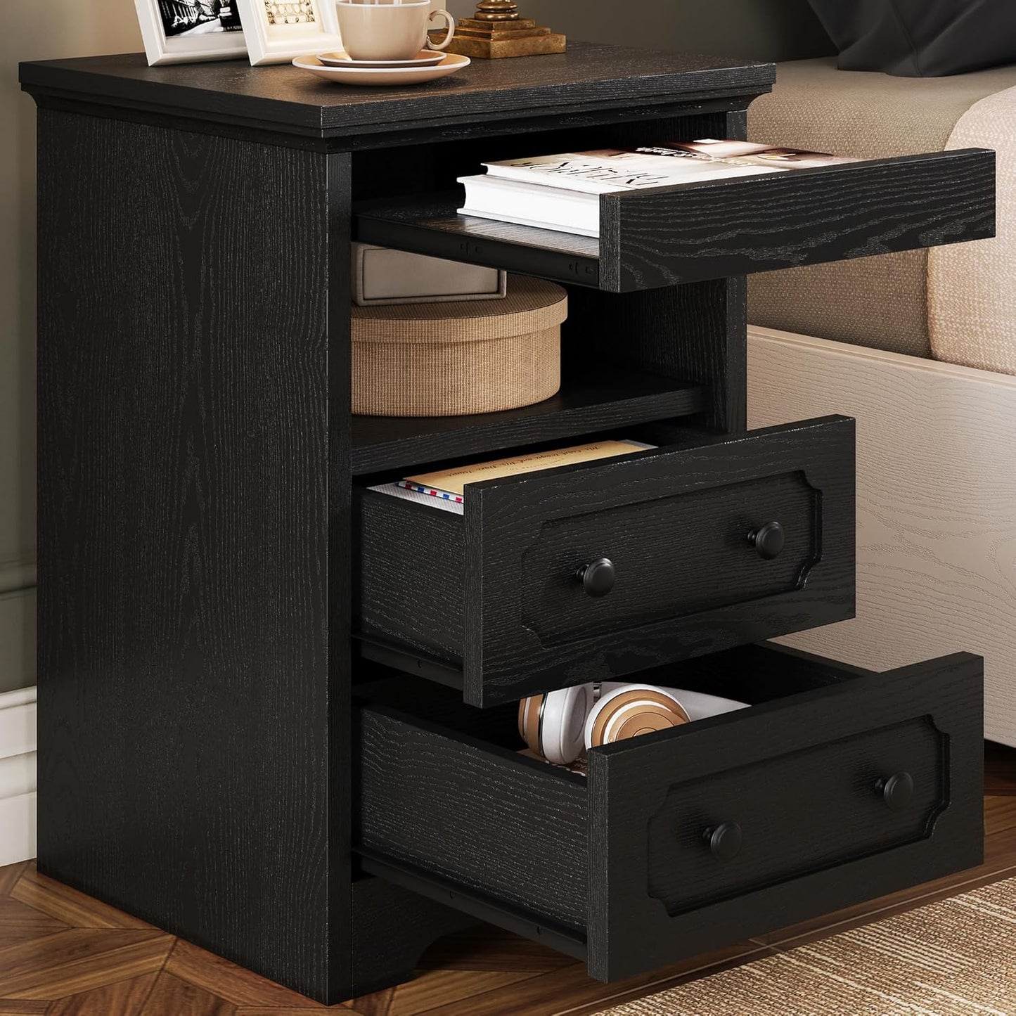 Night Stand, Modern Bedside Table with 2 Drawers, Open Shelf, End Table with Pull-Out Tray, Wood Sidetable, Black