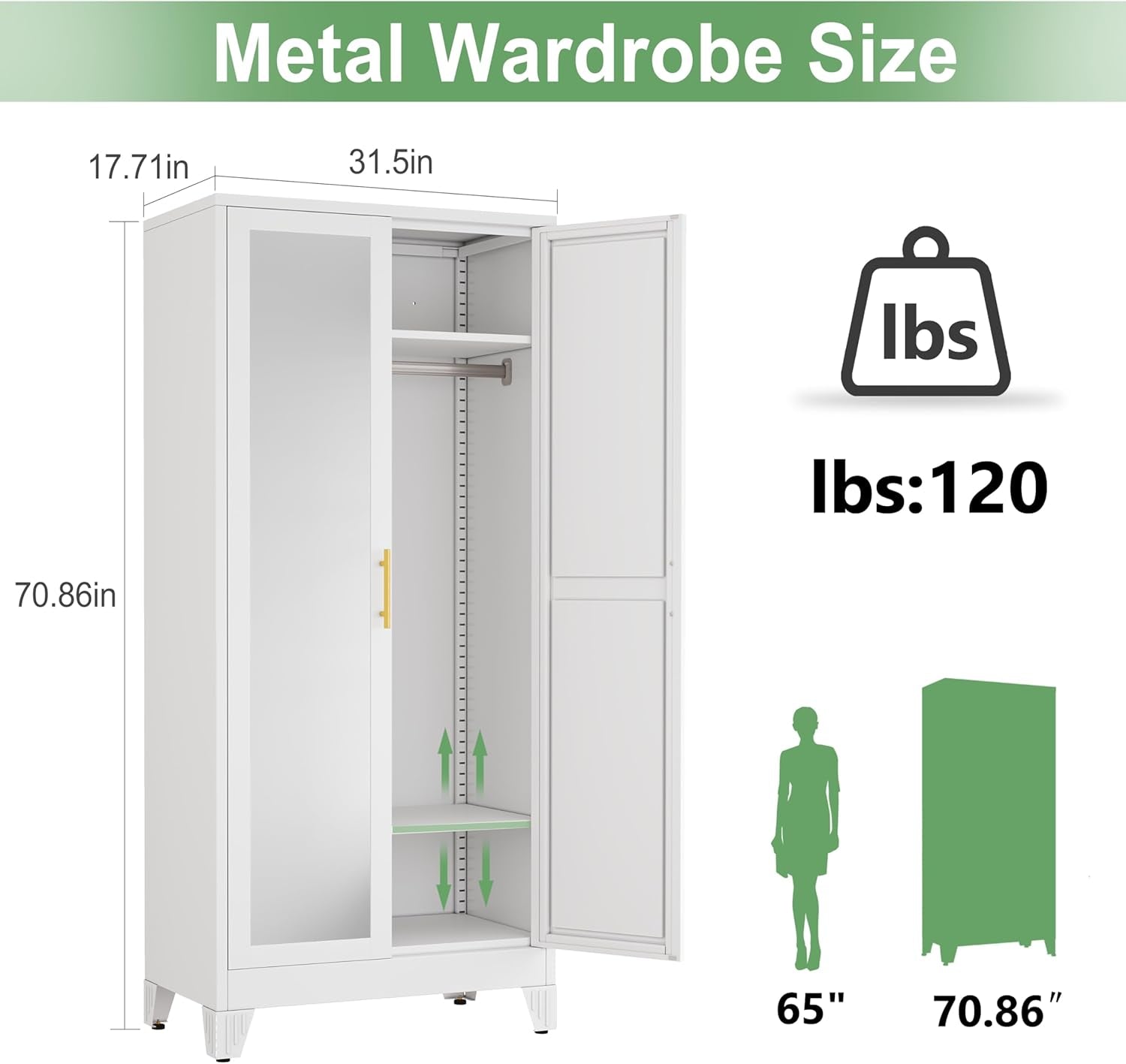 71" H Metal Armoire Wardrobe Closet with Mirror, Adjustable Shelve, Clothes Drying Pole, Steel Wardrobe Cabinet for Bedroom (White)