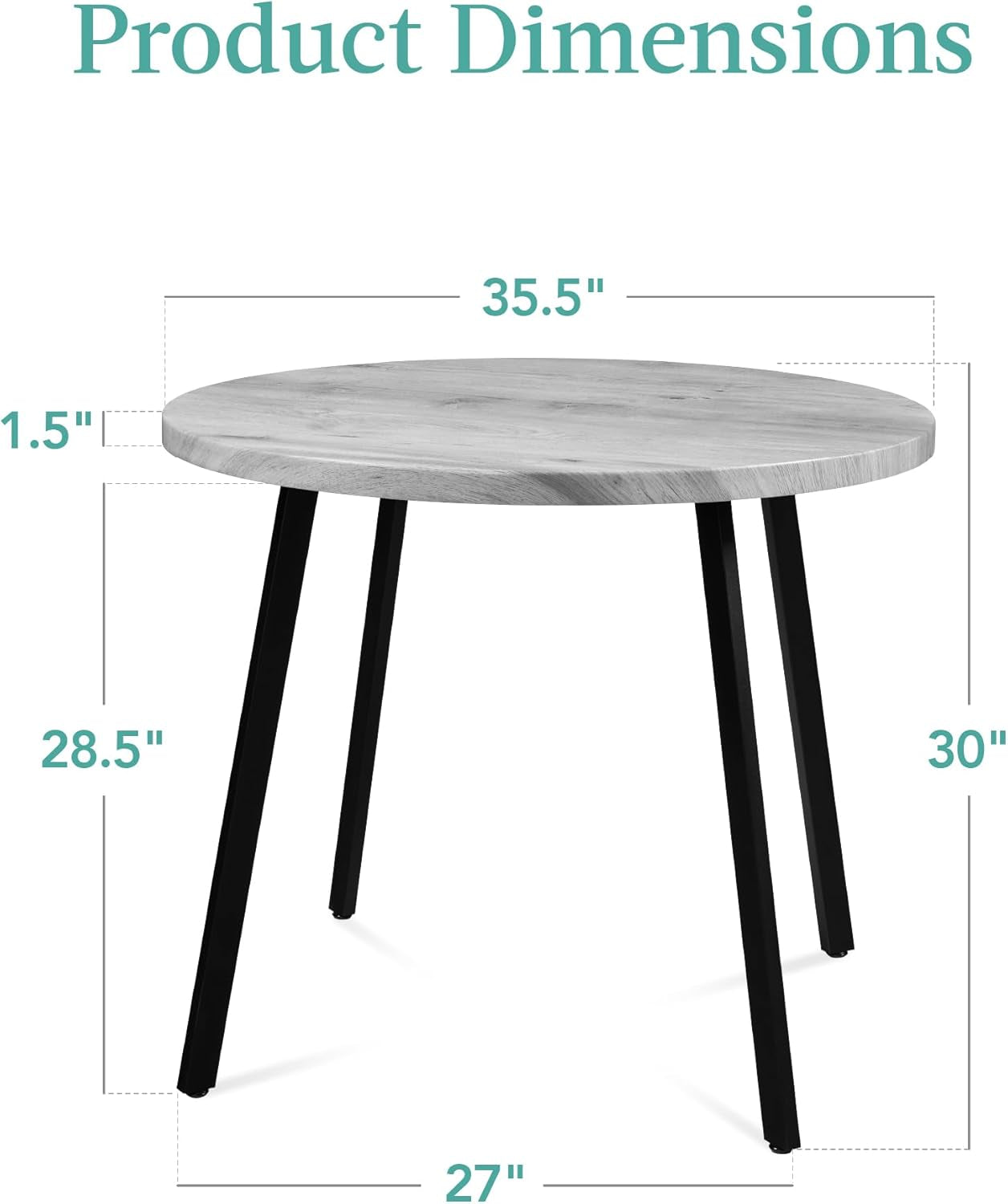 round Mid-Century Modern 35.5In Dining Table, Space-Saving Dinette for Home, Kitchen, Apartment W/Steel Legs - Gray