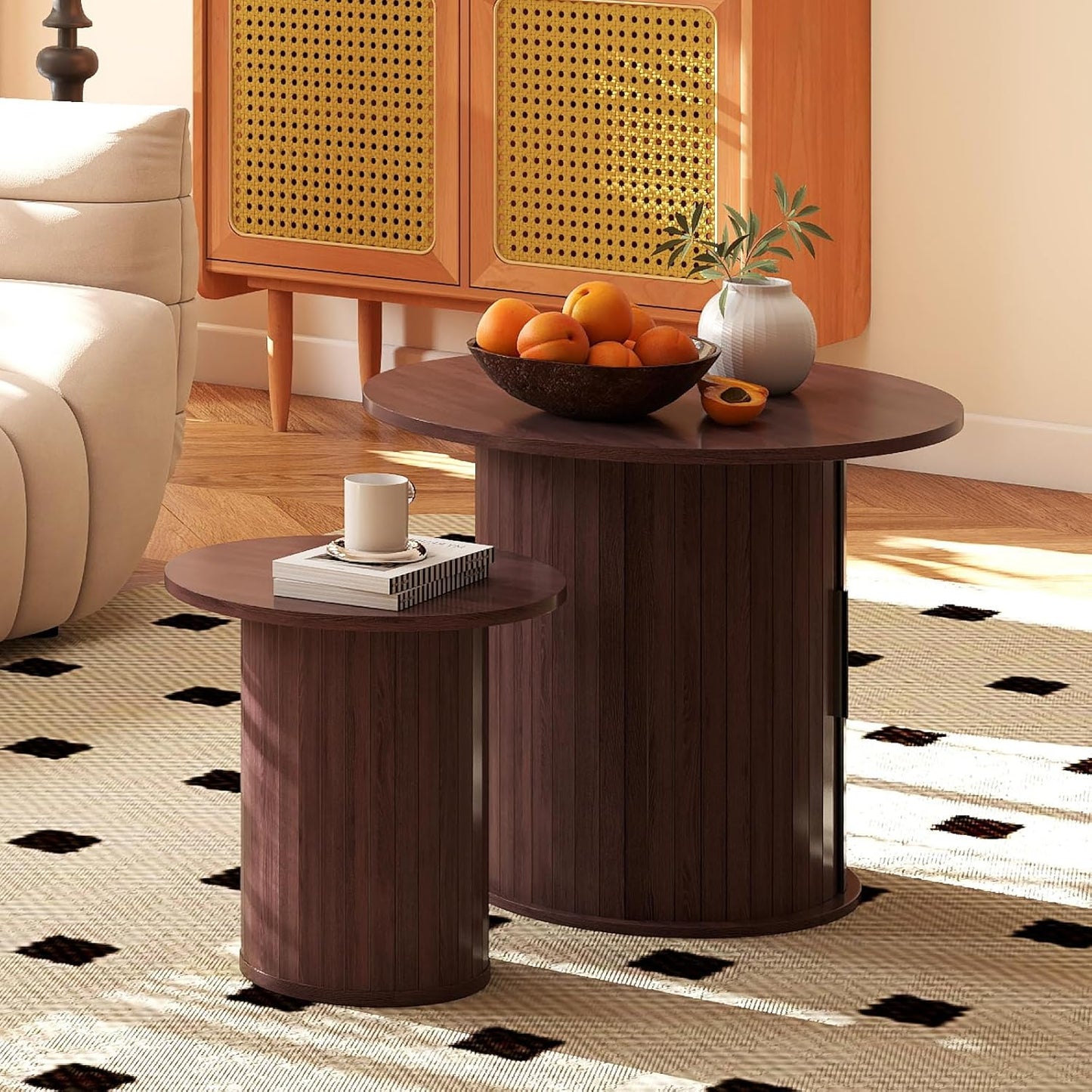 Nesting Coffee Table Set of 2 with Hidden Storage & Sliding Door, Circle Wood Coffee Table, Farmhouse Side & End Table Sets for Living Room, Small Spaces, Walnut
