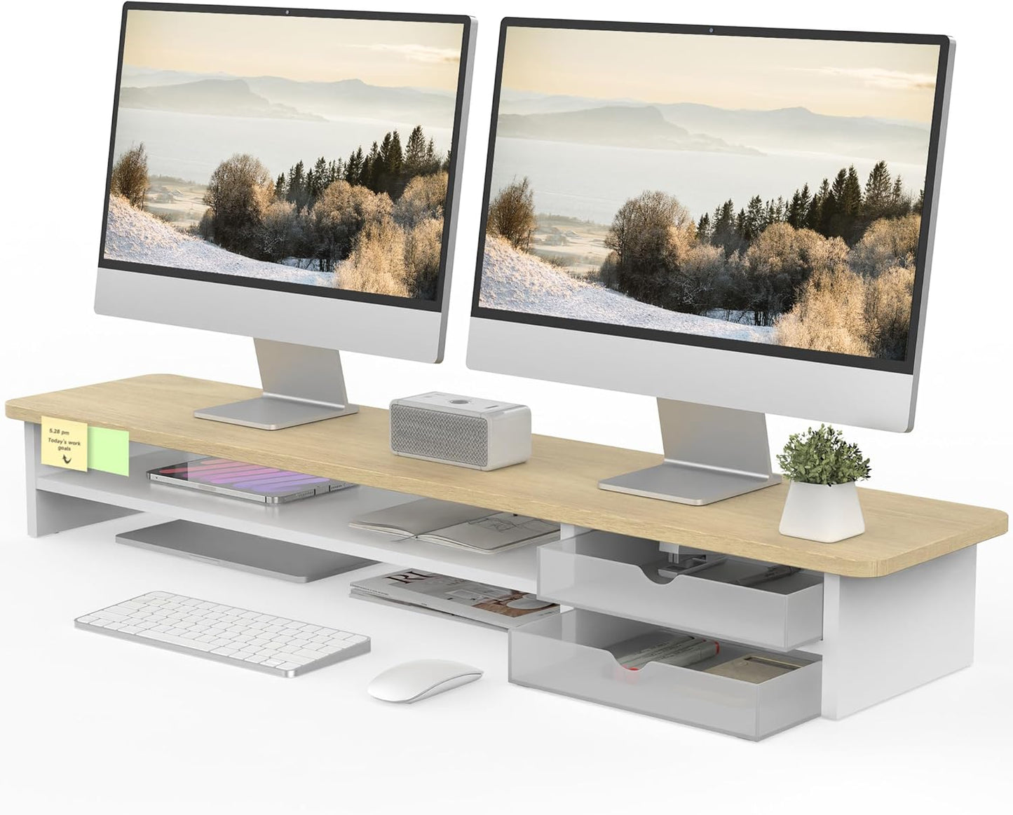 Monitor Stand, Dual Monitor Riser, 42.5Inch Large Desk Computer Monitor Stand Riser with Drawer, 2 Tier Wood & Acrylic Desktop Organizer for Computer, Laptop, Printer, TV Screen Riser