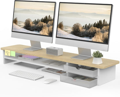 Monitor Stand, Dual Monitor Riser, 42.5Inch Large Desk Computer Monitor Stand Riser with Drawer, 2 Tier Wood & Acrylic Desktop Organizer for Computer, Laptop, Printer, TV Screen Riser