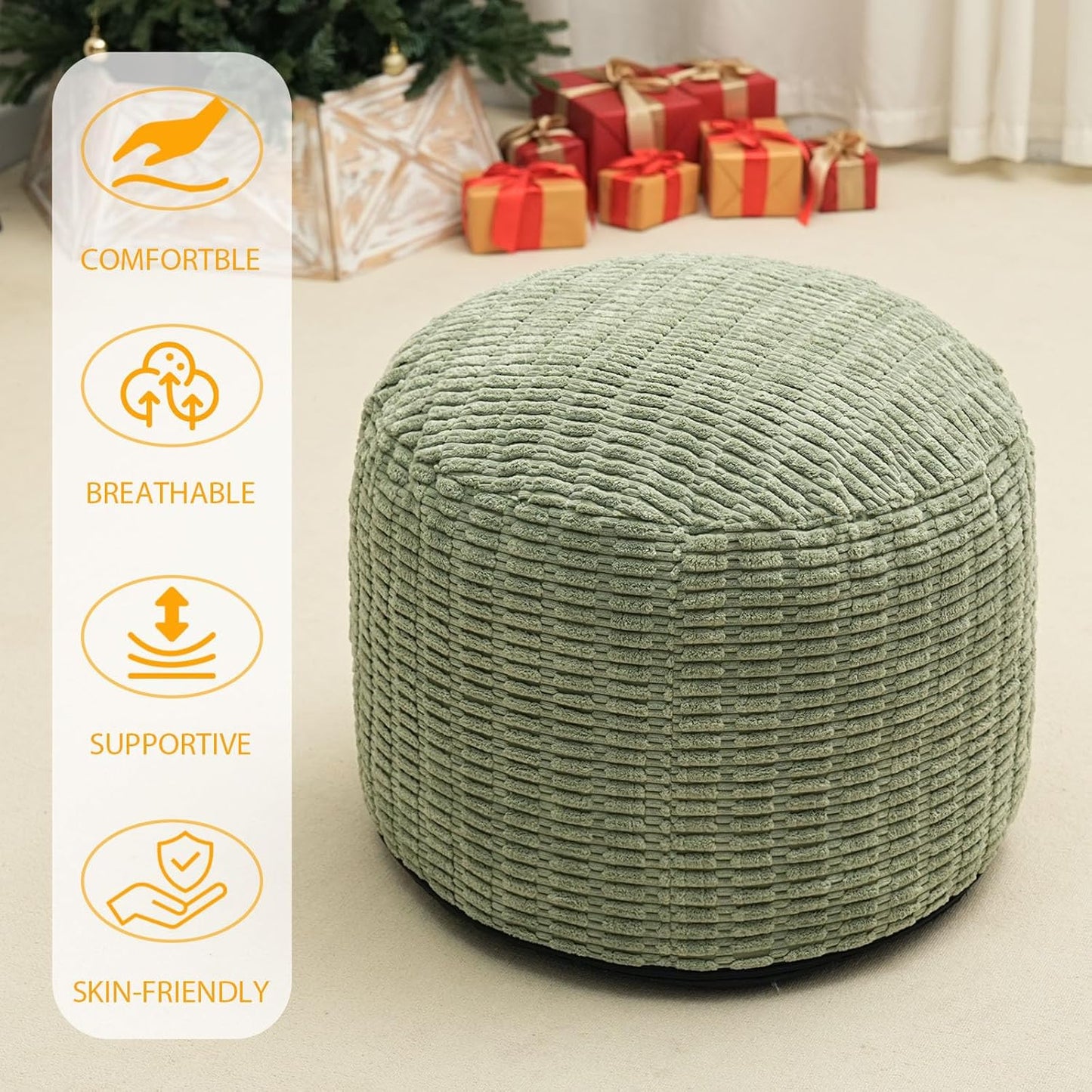Round Stuffed Pouf Ottoman for Foot Rest, Storage Ottoman Pouf Foot Stool Cushion, Faux Fur Poufs with Foam Chunk Filling, 26 X 18 Inch Floor Chair for Living Room Bedroom Home Decor, Green