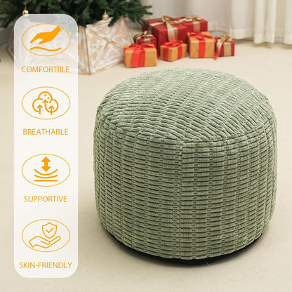 Round Stuffed Pouf Ottoman for Foot Rest, Storage Ottoman Pouf Foot Stool Cushion, Faux Fur Poufs with Foam Chunk Filling, 26 X 18 Inch Floor Chair for Living Room Bedroom Home Decor, Green