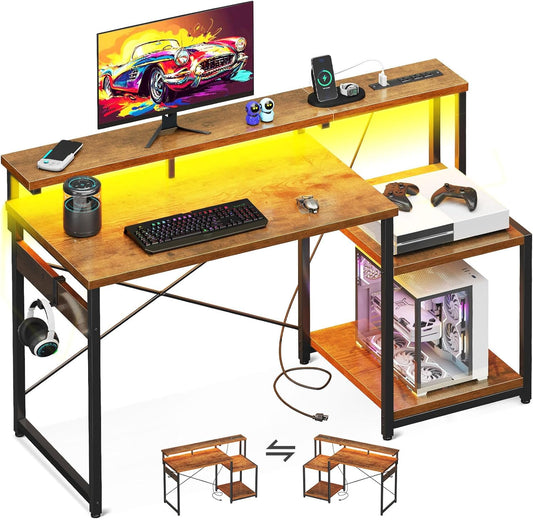 Computer Desk, 48 Inch Gaming Desk with Led Lights & Power Outlet, Office Desk with Storage Shelves, Reversible Desk with Monitor Shelf & Headphone Hook, Rustic Brown