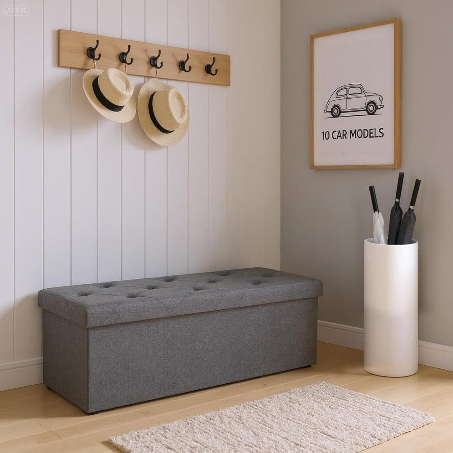 43In Foldable Storage Ottoman Bench, Storage Chest, End of Bed Foot Rest Stool with Padded Seat, Bedroom Bench for Living Room, Support 660Lbs, Grey