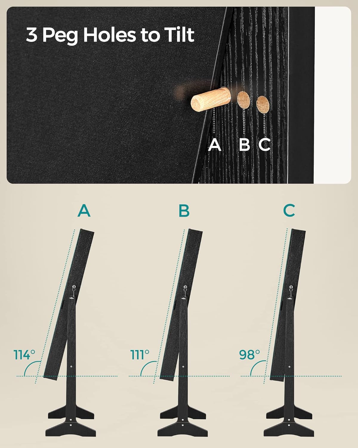 Mirror Jewelry Cabinet Standing Armoire Organizer, Jewelry Storage with Full-Length Frameless LED Lights, Built-In Makeup Mirror, 2 Drawers, Lockable, Black UJJC023B01