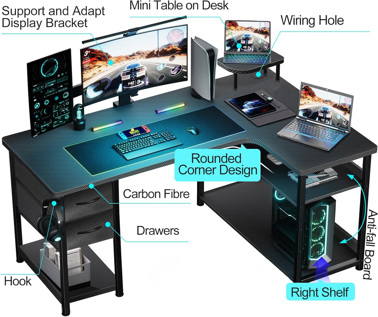 Gaming Desk with Drawers, Carbon Fiber Style L Shaped Computer Desk Compatible with Monitor Arm Corner Desk Gaming Table for Home Office Desks, Easy to Assemble Adjustable Shelf Height