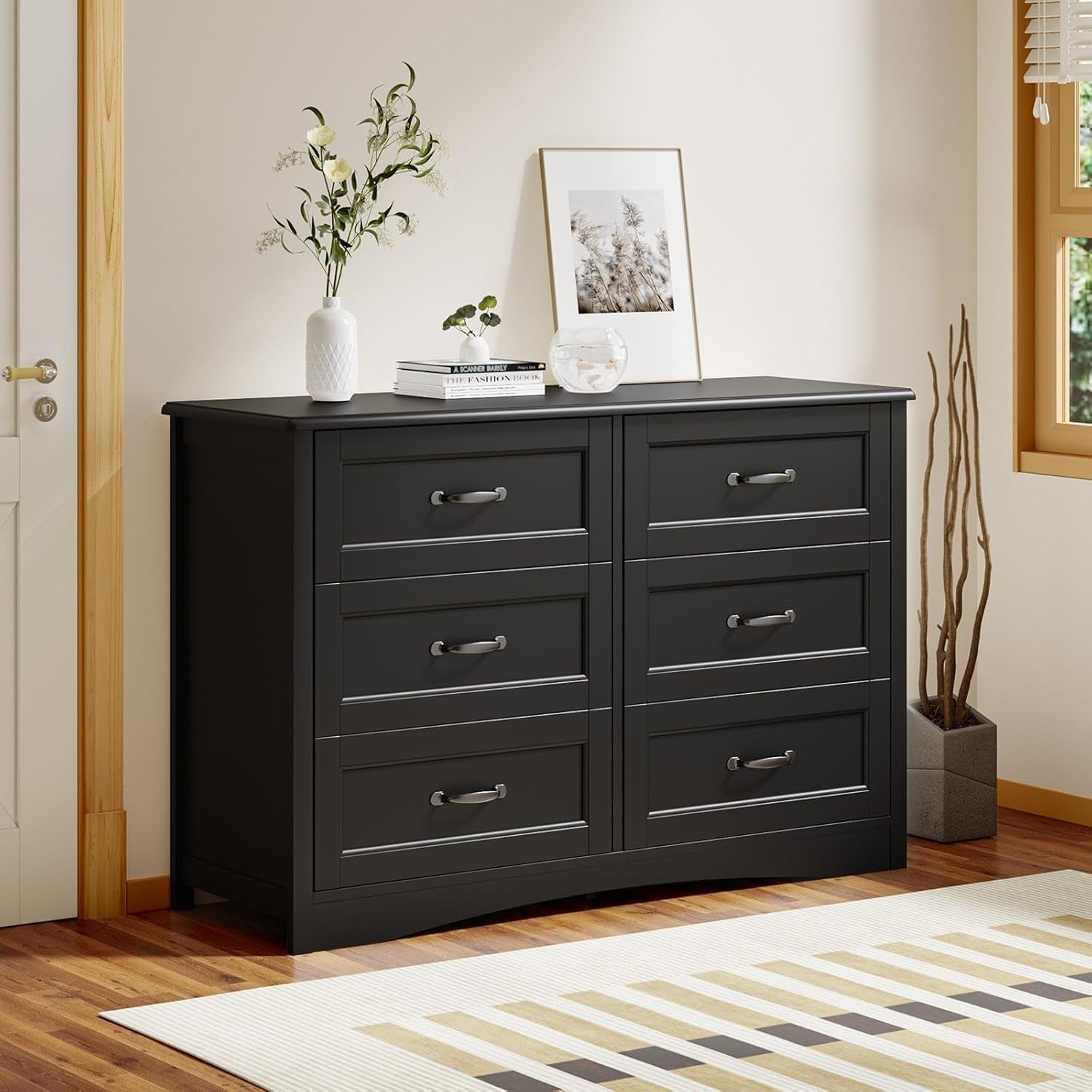 6 Drawer Dresser for Bedroom，47'' Larger Chest of Drawers with Mental Handle for Kids Room, Black Dresser with 6 Storage Drawers for Living Room, Entryway and Hallway, Black