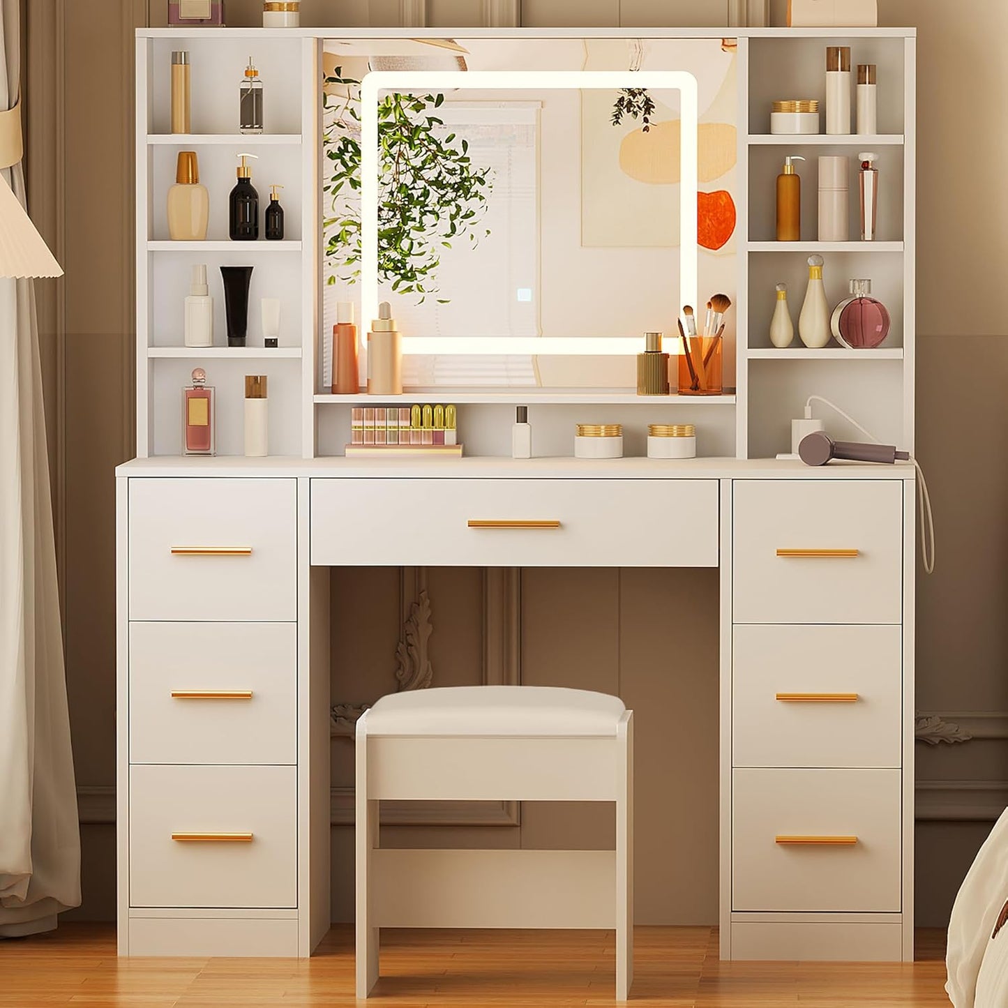Vanity Desk Table with Lighted Mirror 39.4“ Girls Makeup Vanity with Power Outlet 3 Colors Lighting Adjustable Brightness Vanity Table for Women Bedroom Dressing Room White UBDT65W